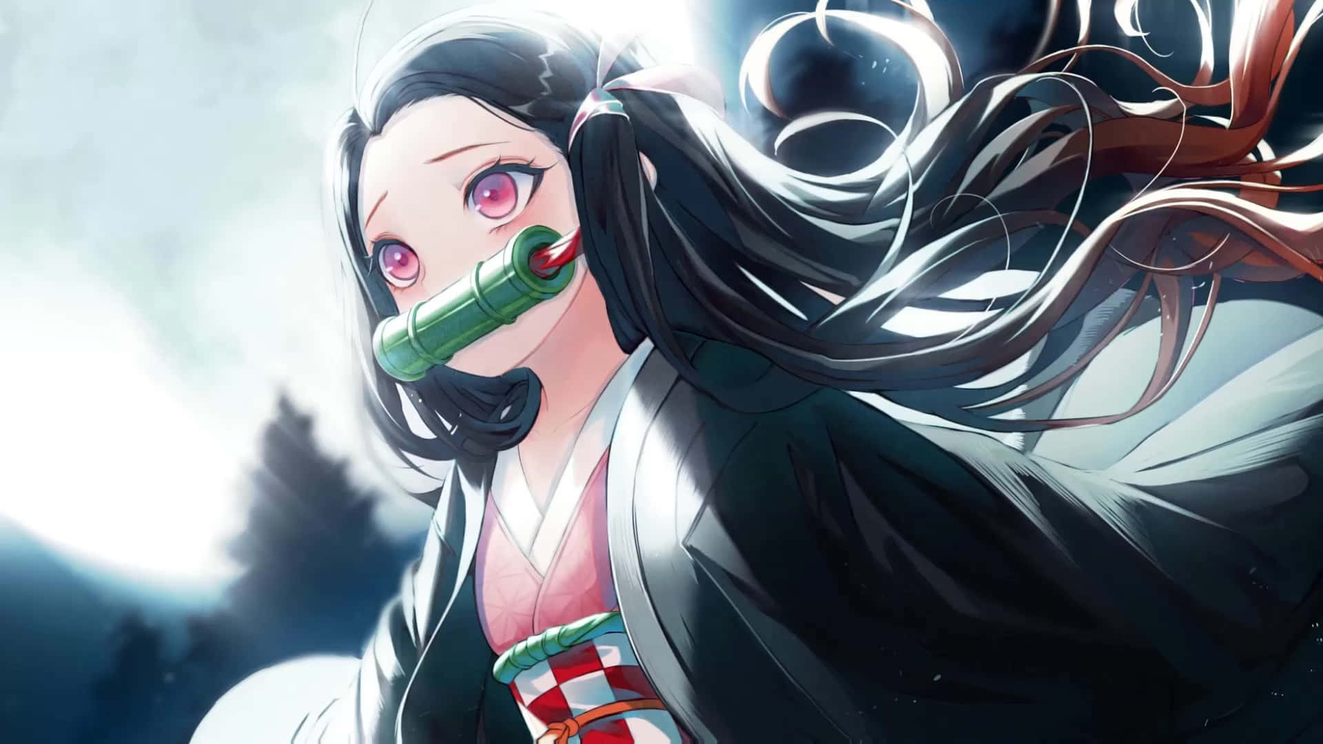 Manga Character Cute Nezuko Kamado na May Nagniningning na Buwan Wallpaper