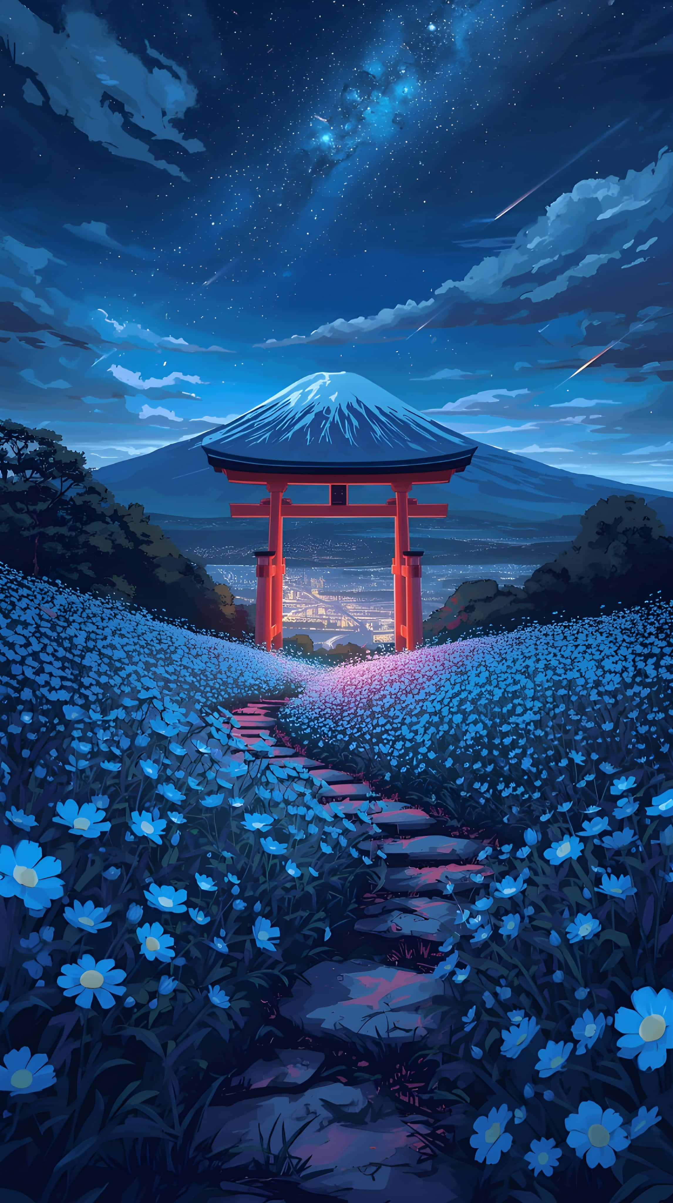 Mapanaginap na Kalangitan sa Gabi sa Itaas ng Bundok Fuji at mga Asul na Bulaklak Wallpaper
