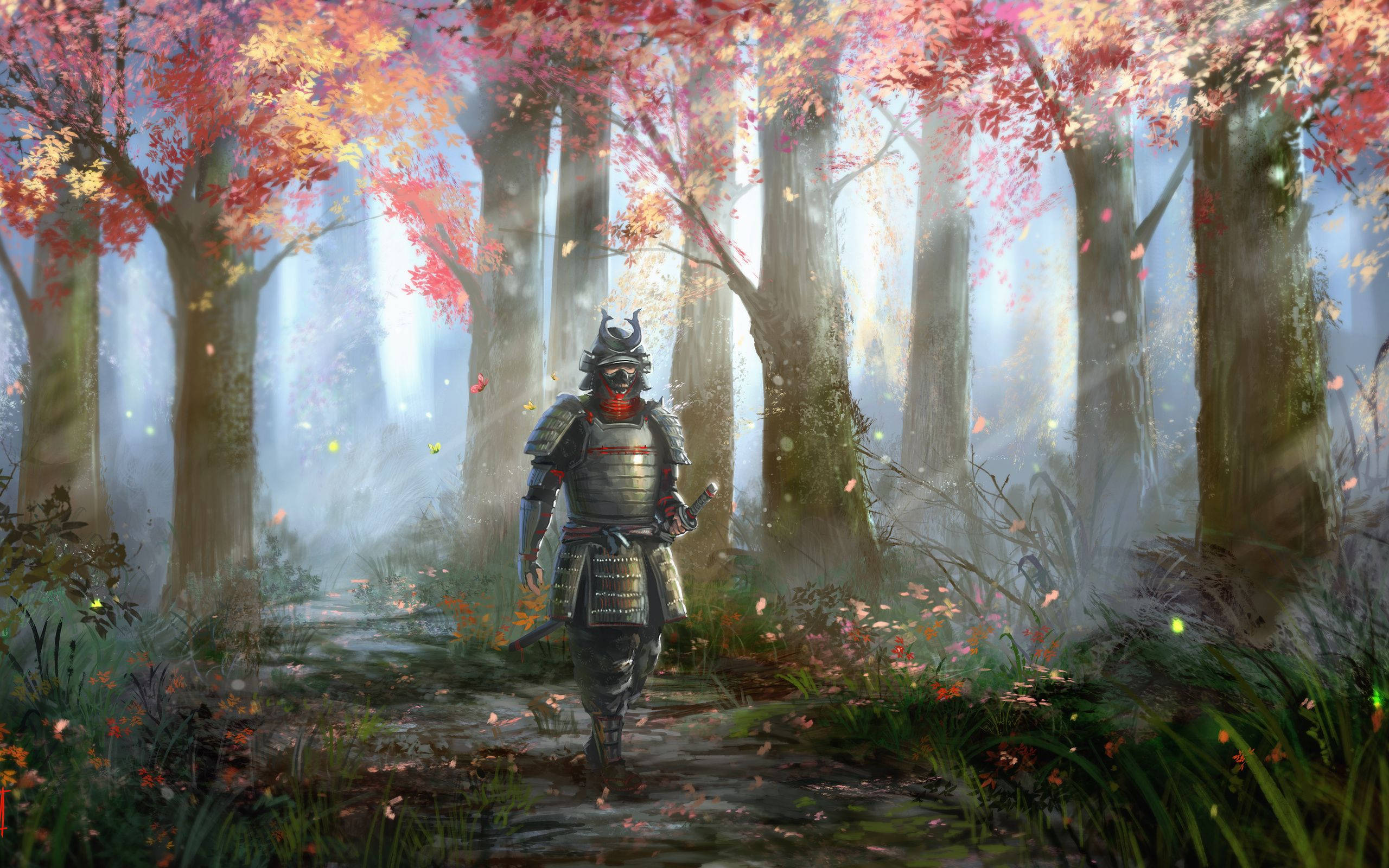 Mapayapang Paglalakad ng Samurai Hapones Wallpaper