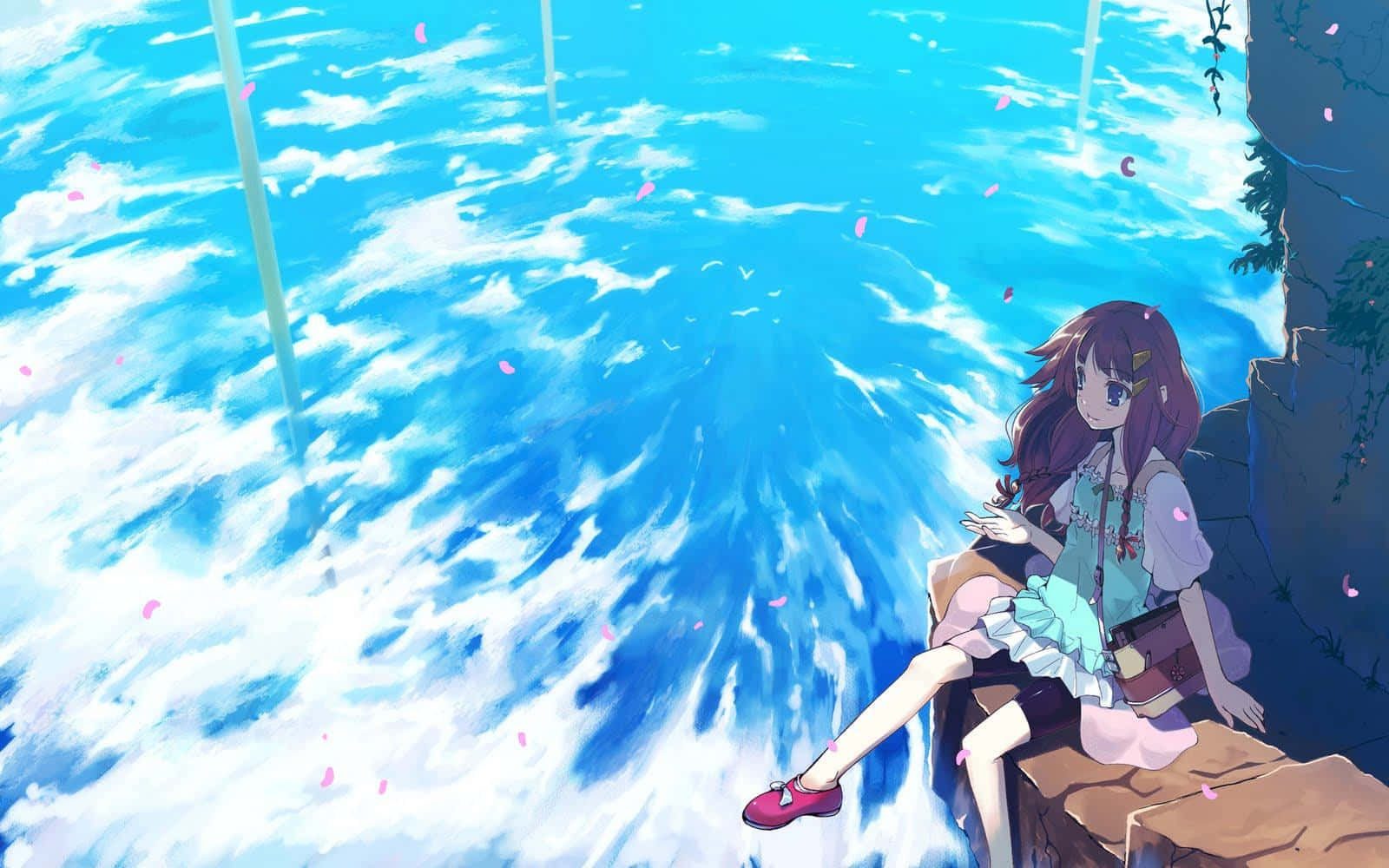 Mapayapang tanawin ng anime na naglalarawan ng isang nakakabighaning paglubog-lubog ng araw Wallpaper