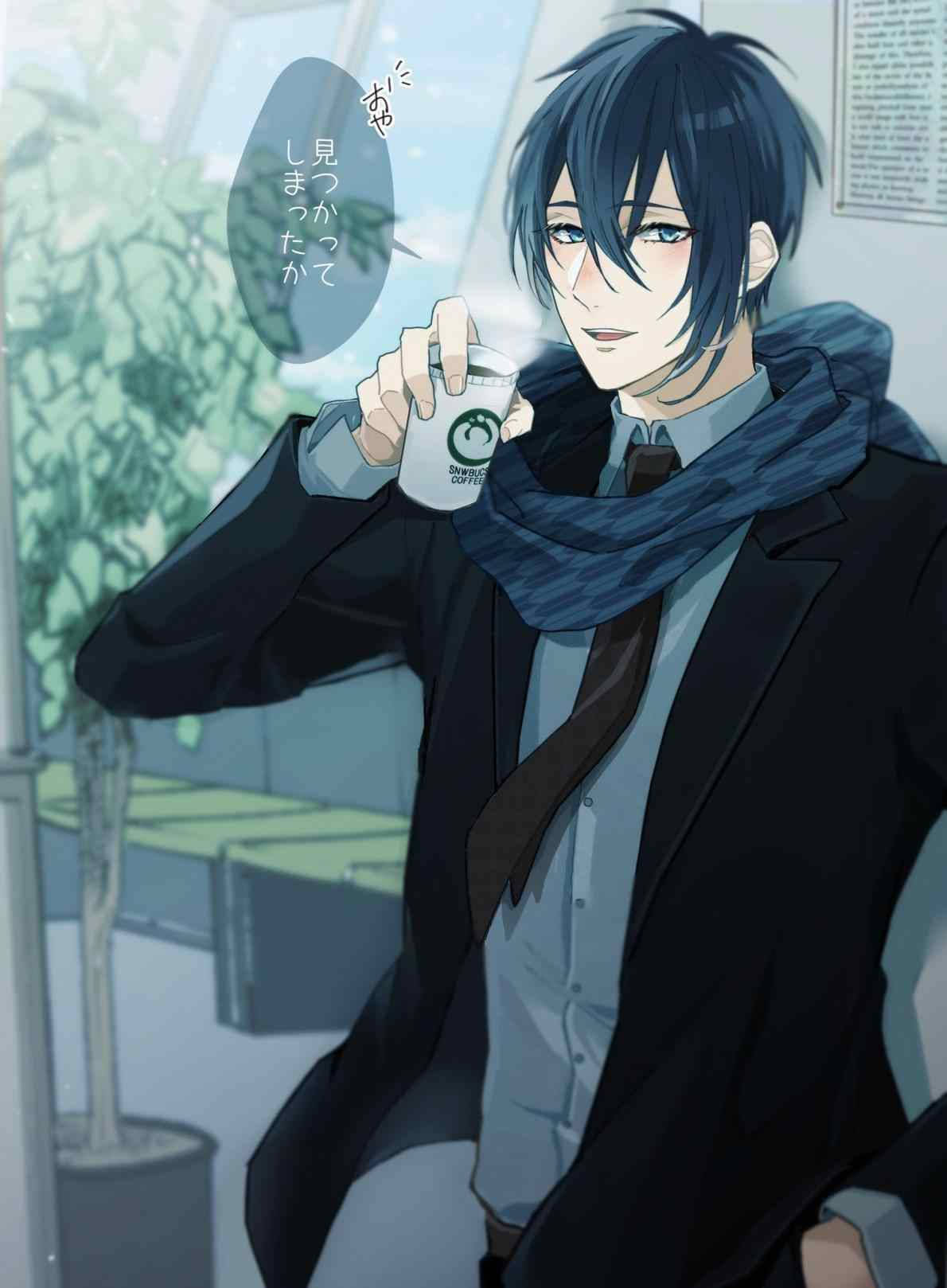 Masayang anime boy na may kape Wallpaper