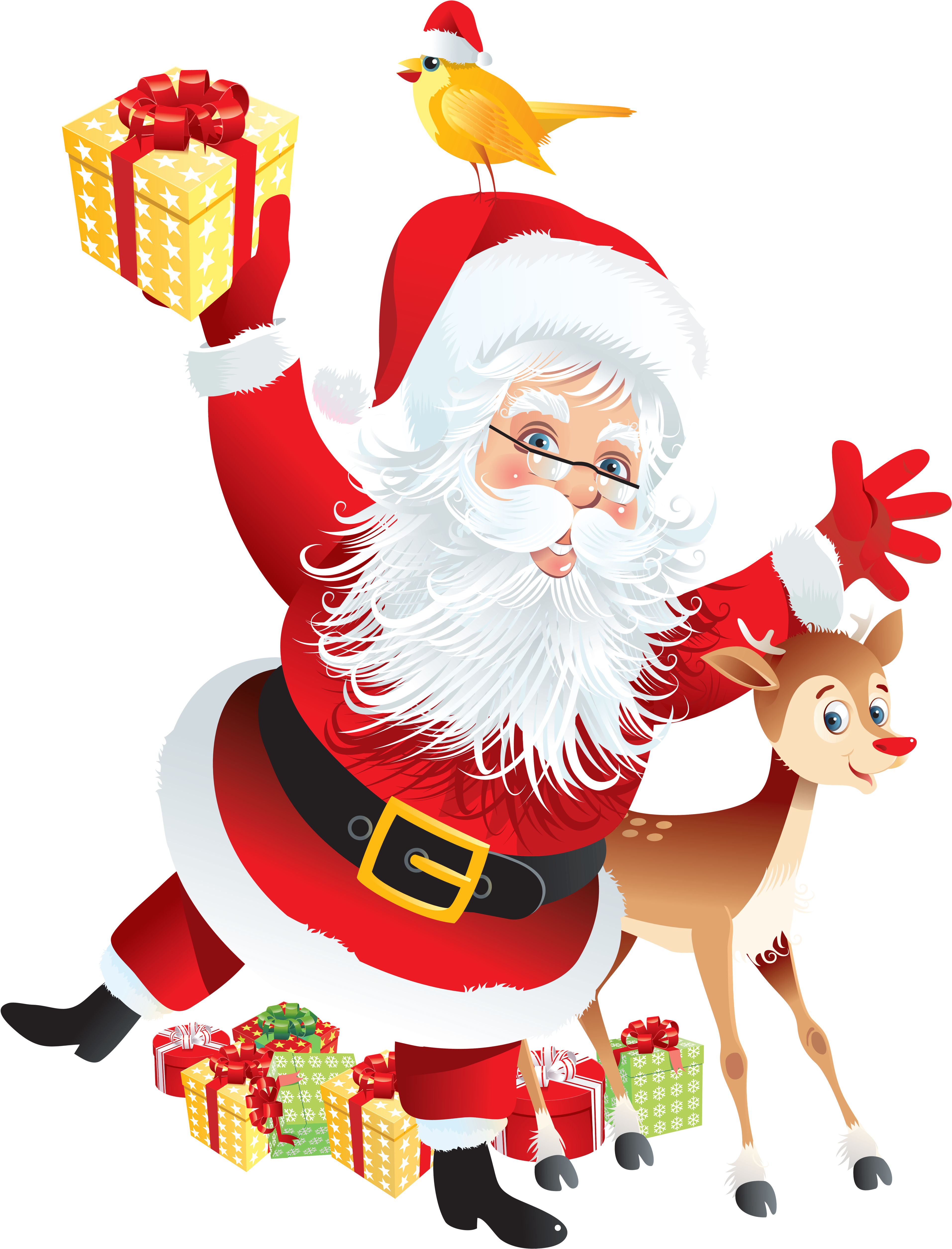 Masayang Santa Claus na may mga Regalo at Reindeer Wallpaper