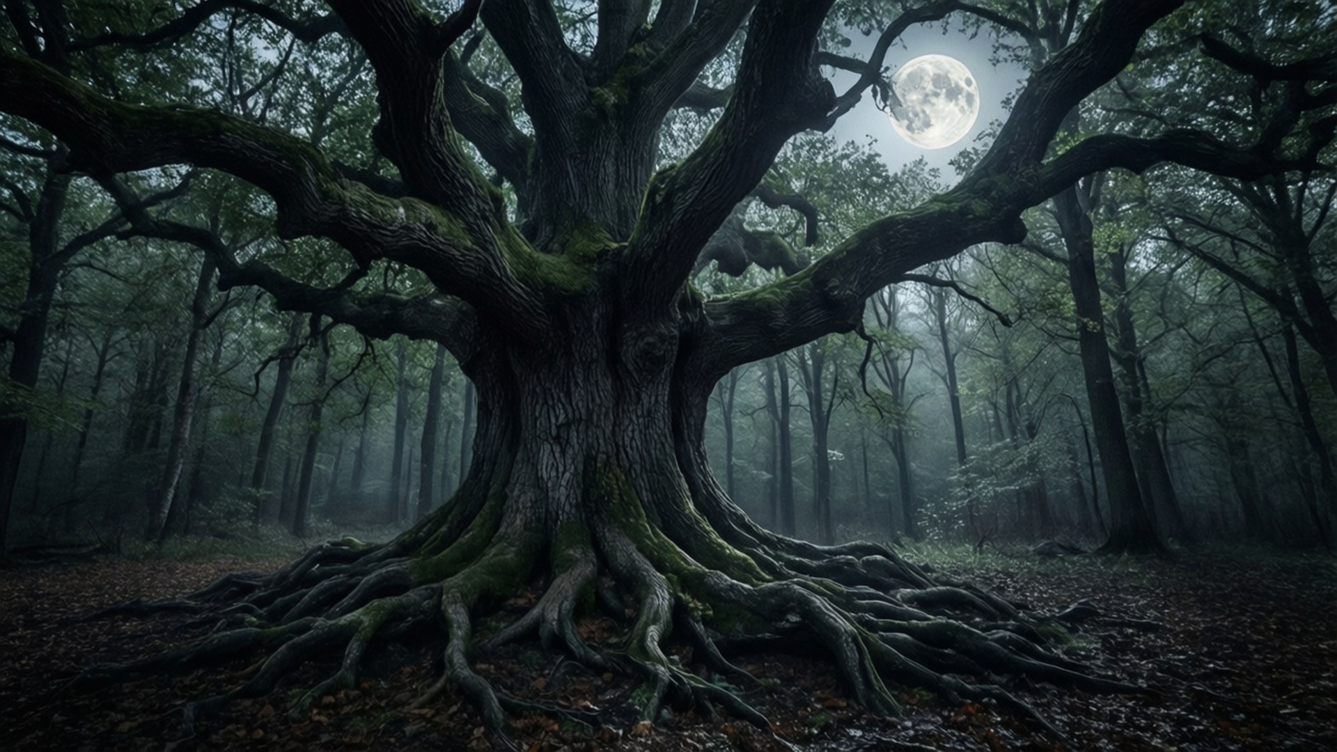 Matandang Oak sa Ilalim ng Kabilugan ng Buwan Wallpaper