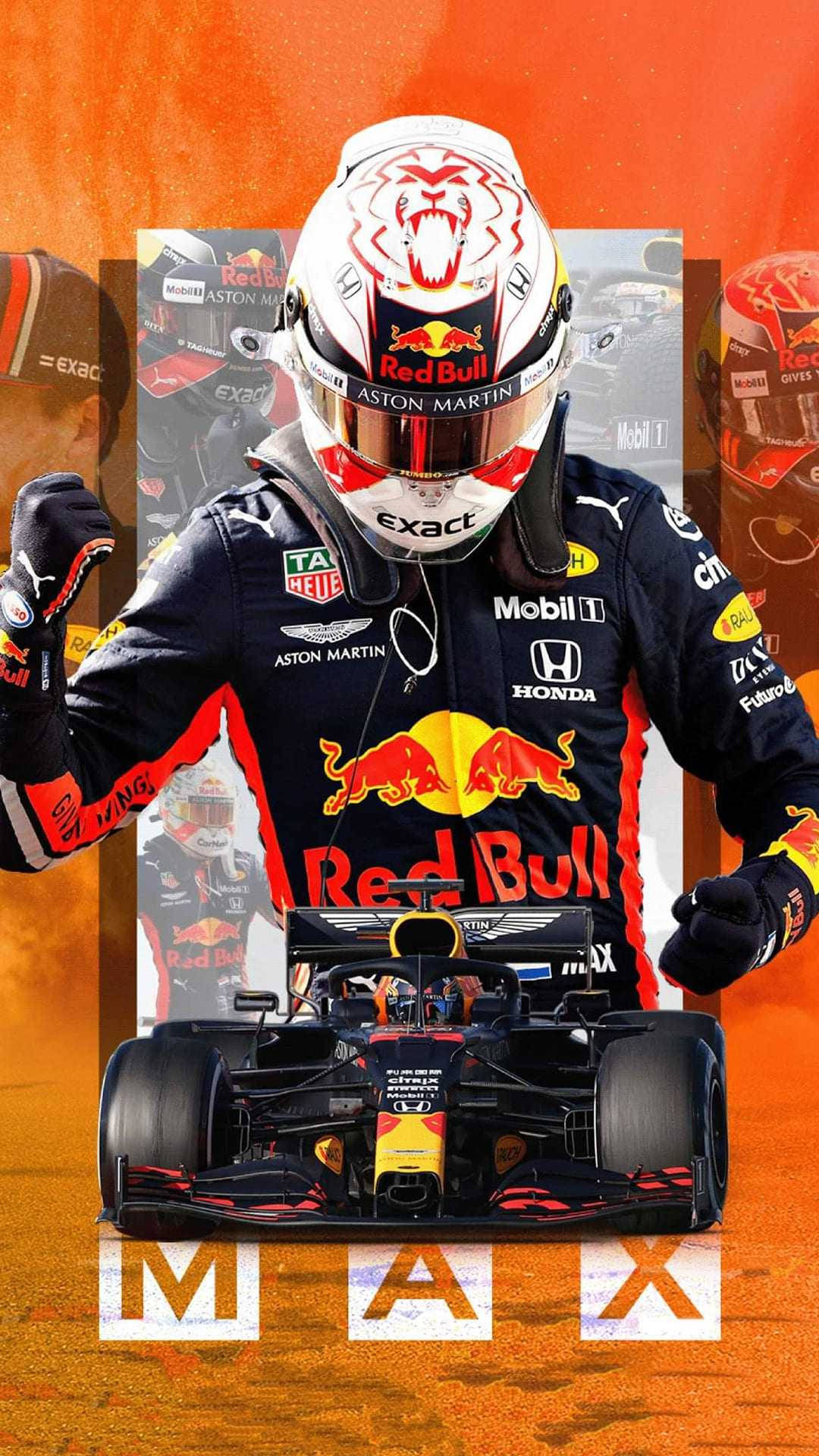 Max Verstappen Karera sa Kanyang Signature Red Bull Kotse Wallpaper