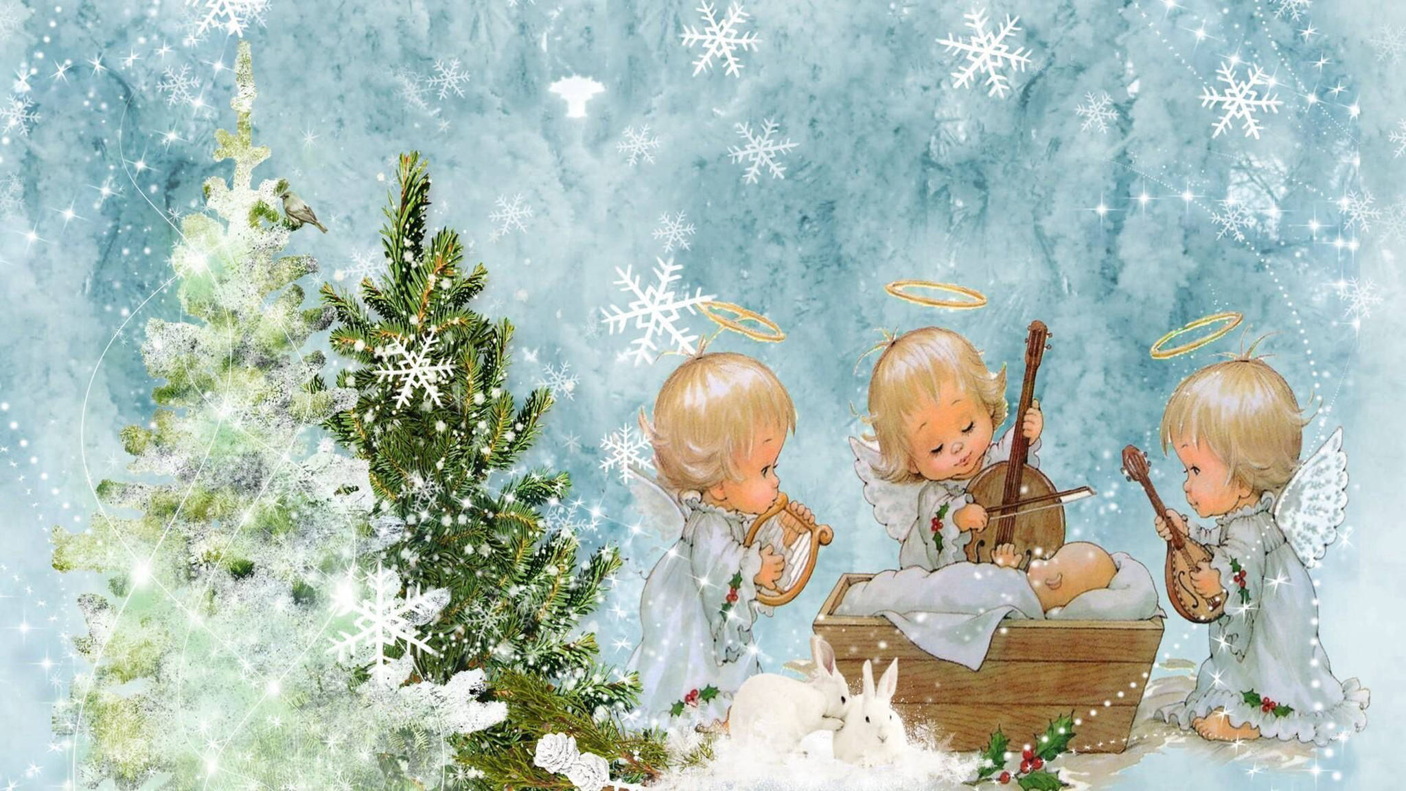 Mga Anghel ng Pasko kasama ang Sanggol na Hesus Wallpaper