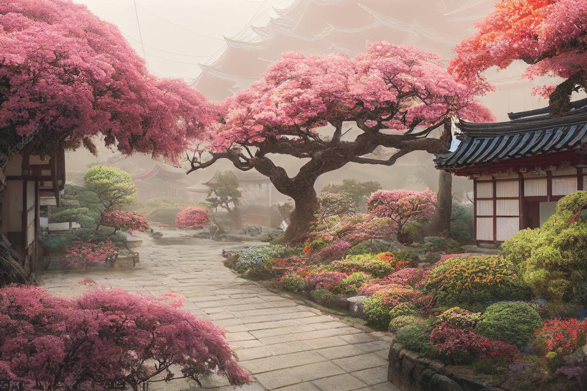Mga Bahay sa Japan na May Cherry Blossom sa Ulap Wallpaper