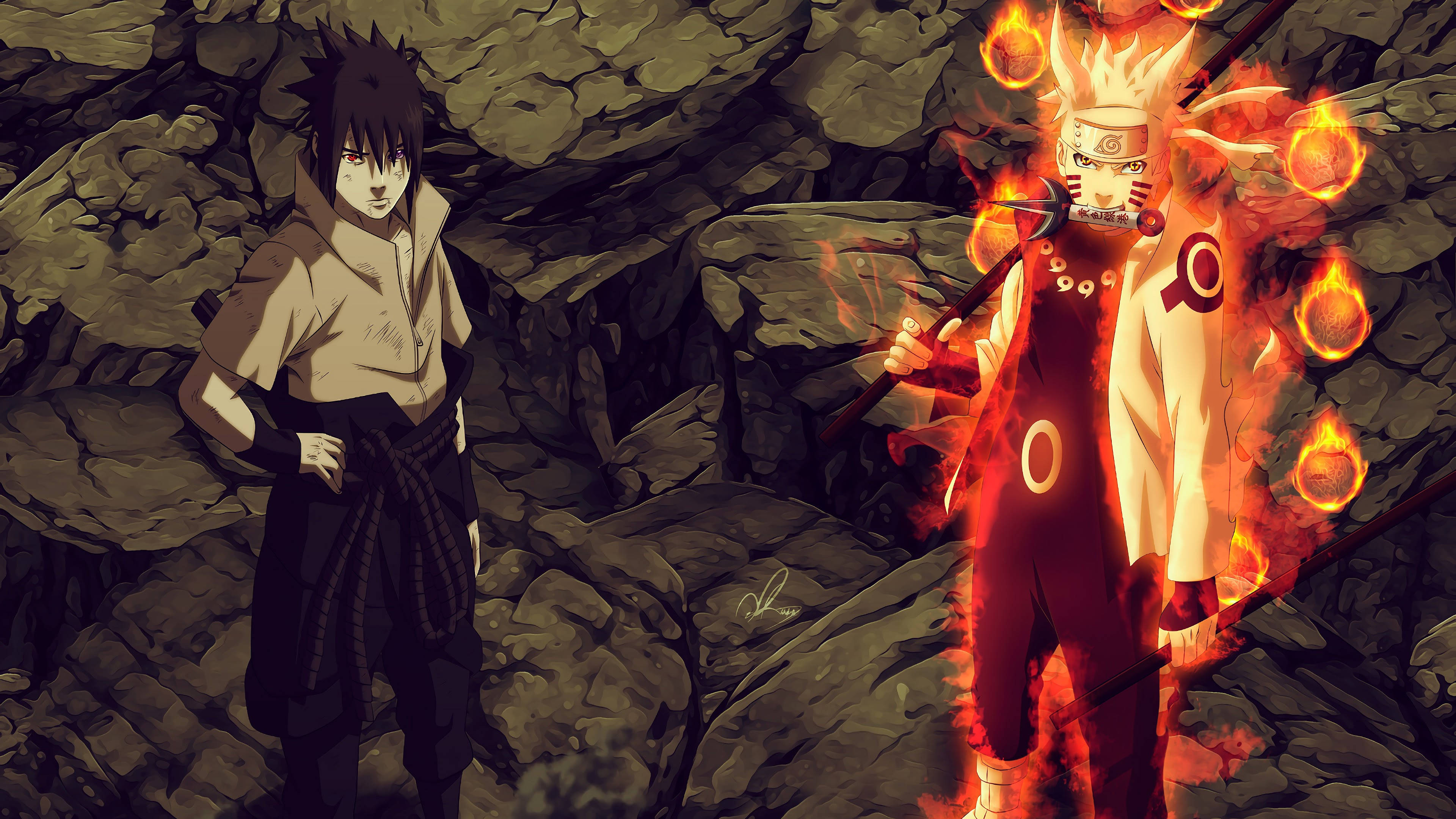 Mga Bayani ng Digmaang Ninja na sina Naruto at Sasuke Wallpaper