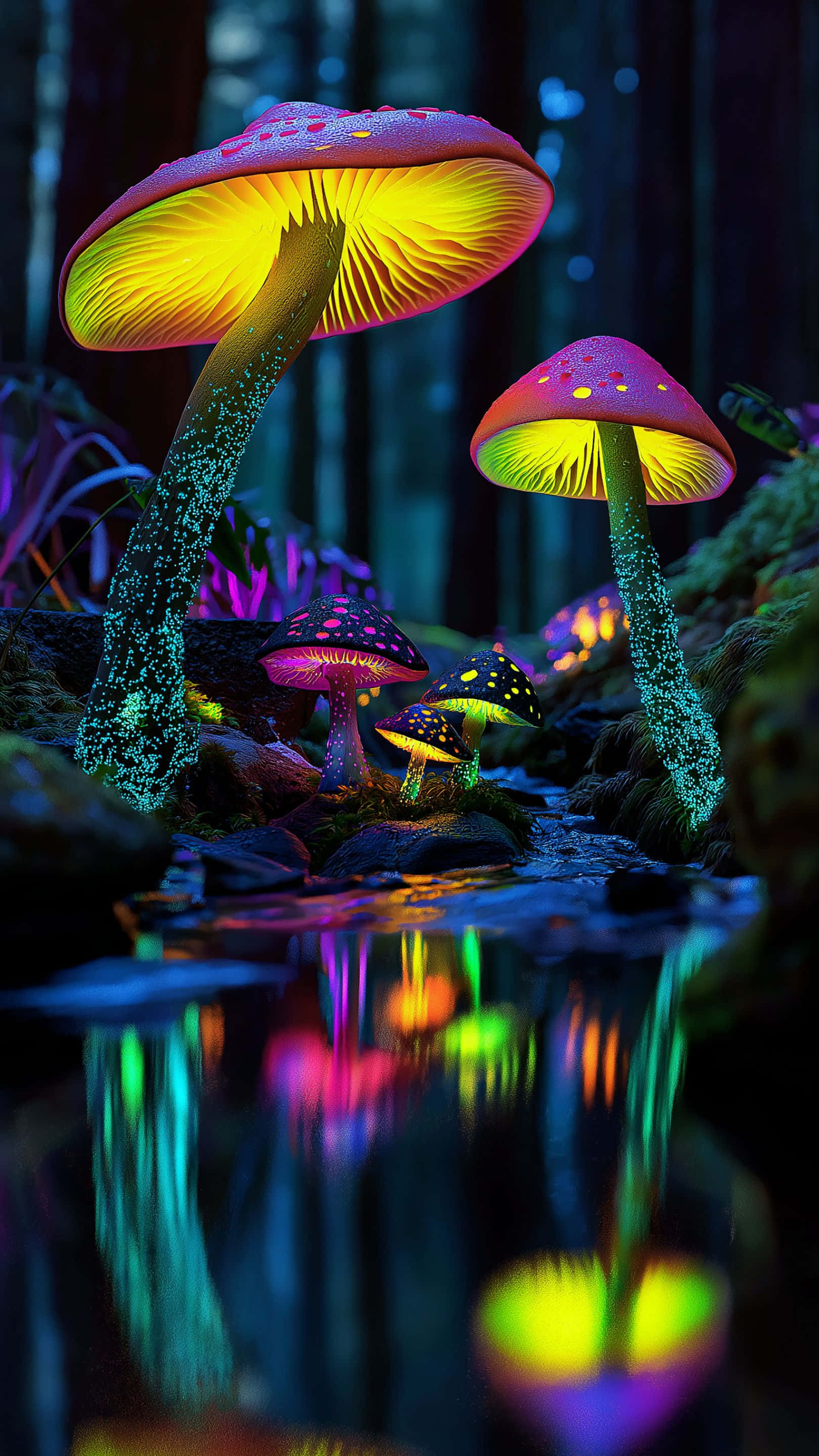 Mga bioluminescent na kabute na matingkad na kumikinang sa isang engkantadong gubat na sumasalamin sa tubig Wallpaper