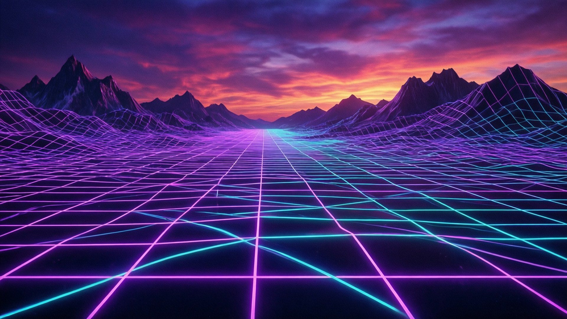 Mga Bundok na May Neon Grid Wallpaper