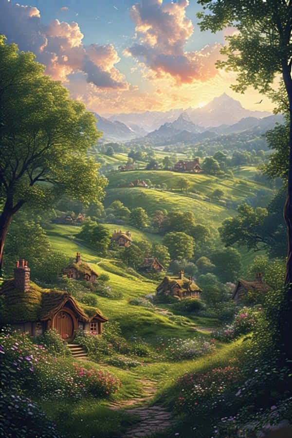 Mga Burol at Bahay-Hobbit ng Hobbiton Pantasya 4K Wallpaper