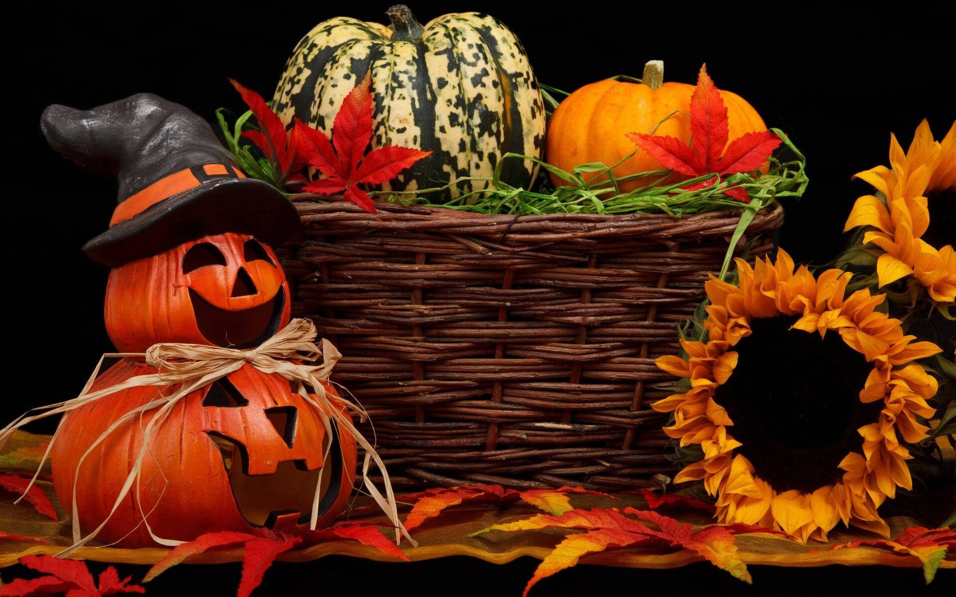 Mga Cute at Aesthetic na Halloween Pumpkins at Bulaklak Wallpaper