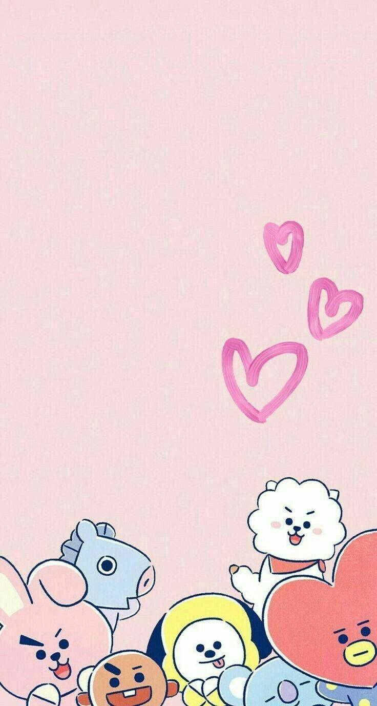Mga Cute na BT21 Characters na Outline ng Puso Wallpaper