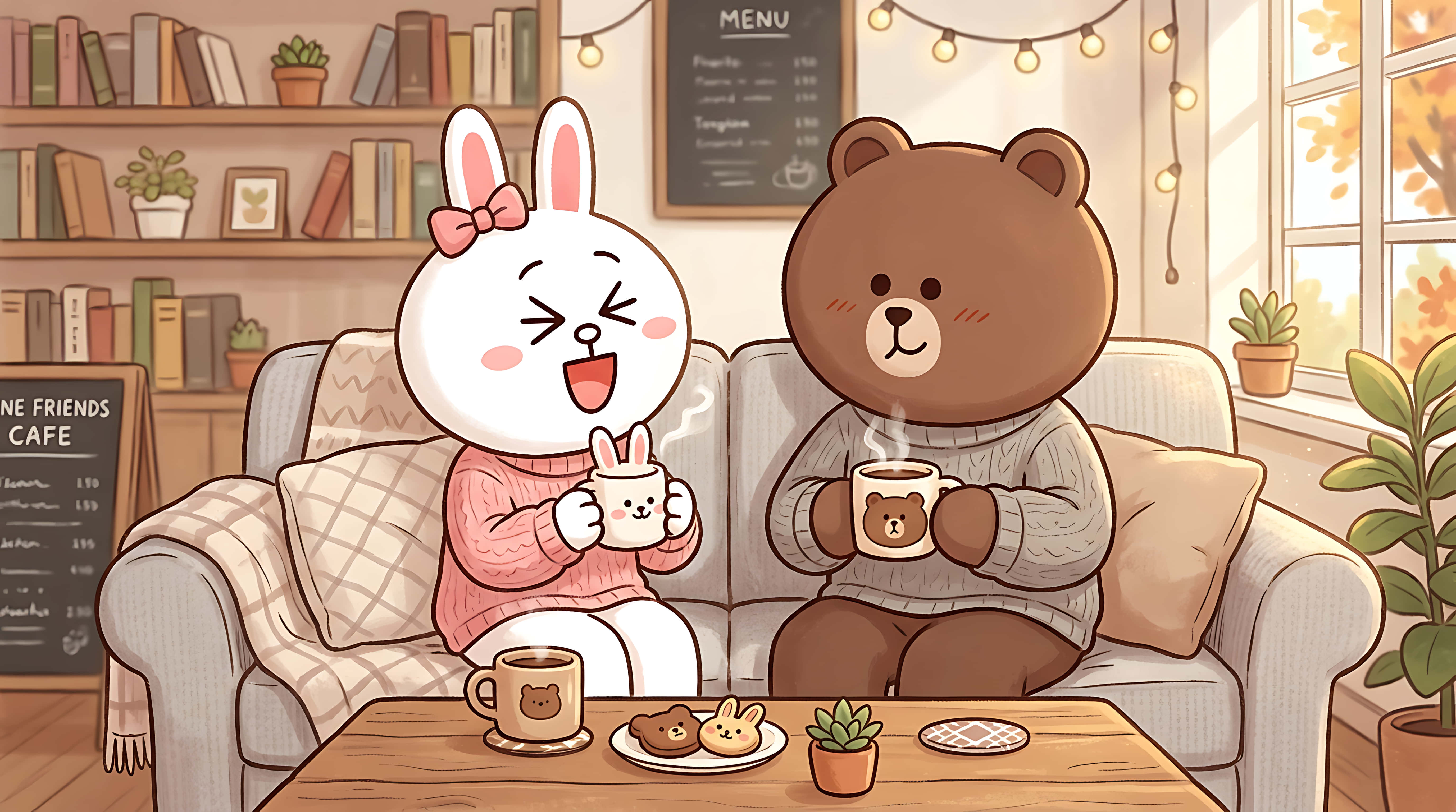 Mga Cute na Bunny at Bear na Umiinom ng Kape sa Maaliwalas na Cafe, Sweet Cartoon ng Pagkakaibigan Wallpaper