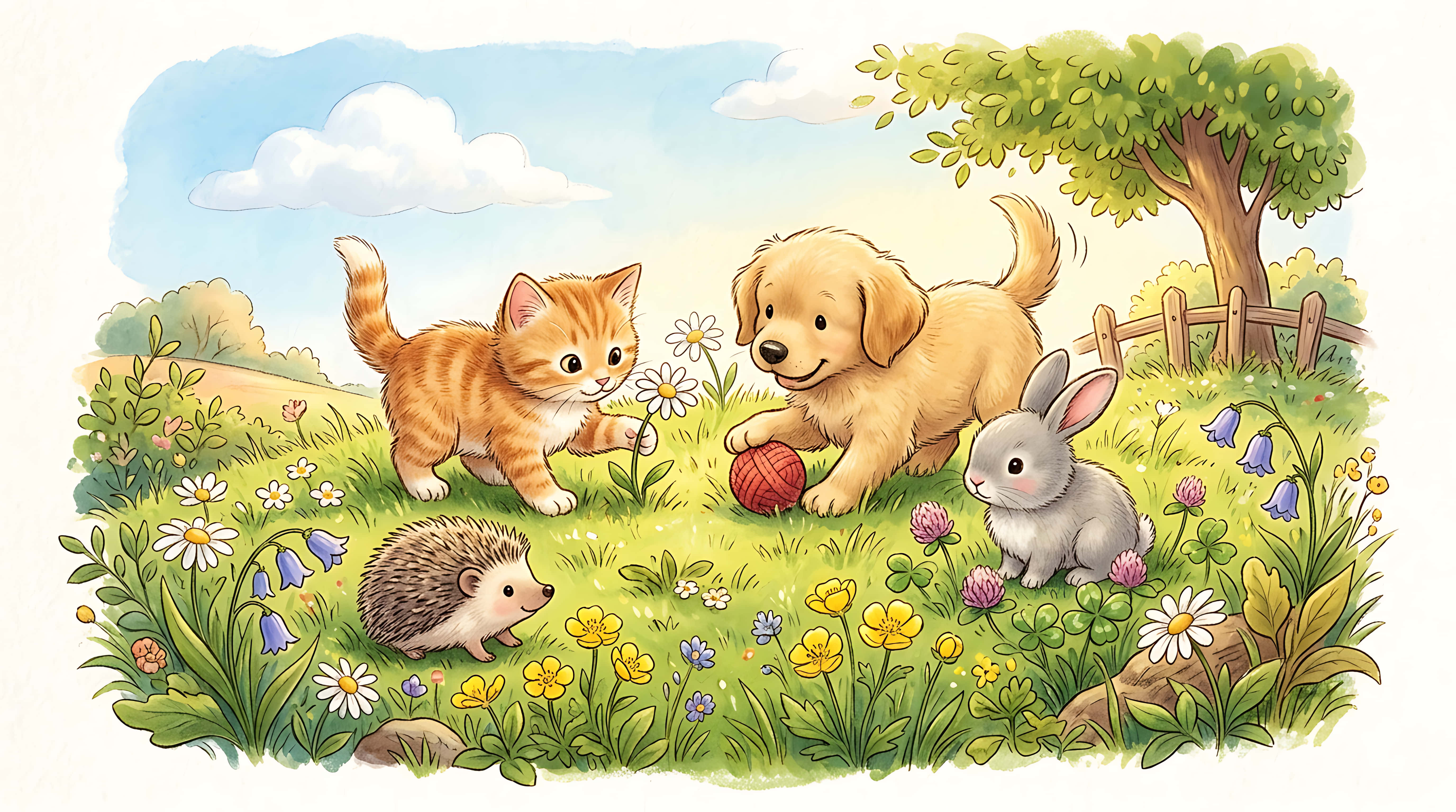 Mga Cute na Tuta, Kuting, Kuneho, at Hedgehog na Naglalaro sa Bulaklakang Parang, Estilong Watercolor na Pambata Wallpaper