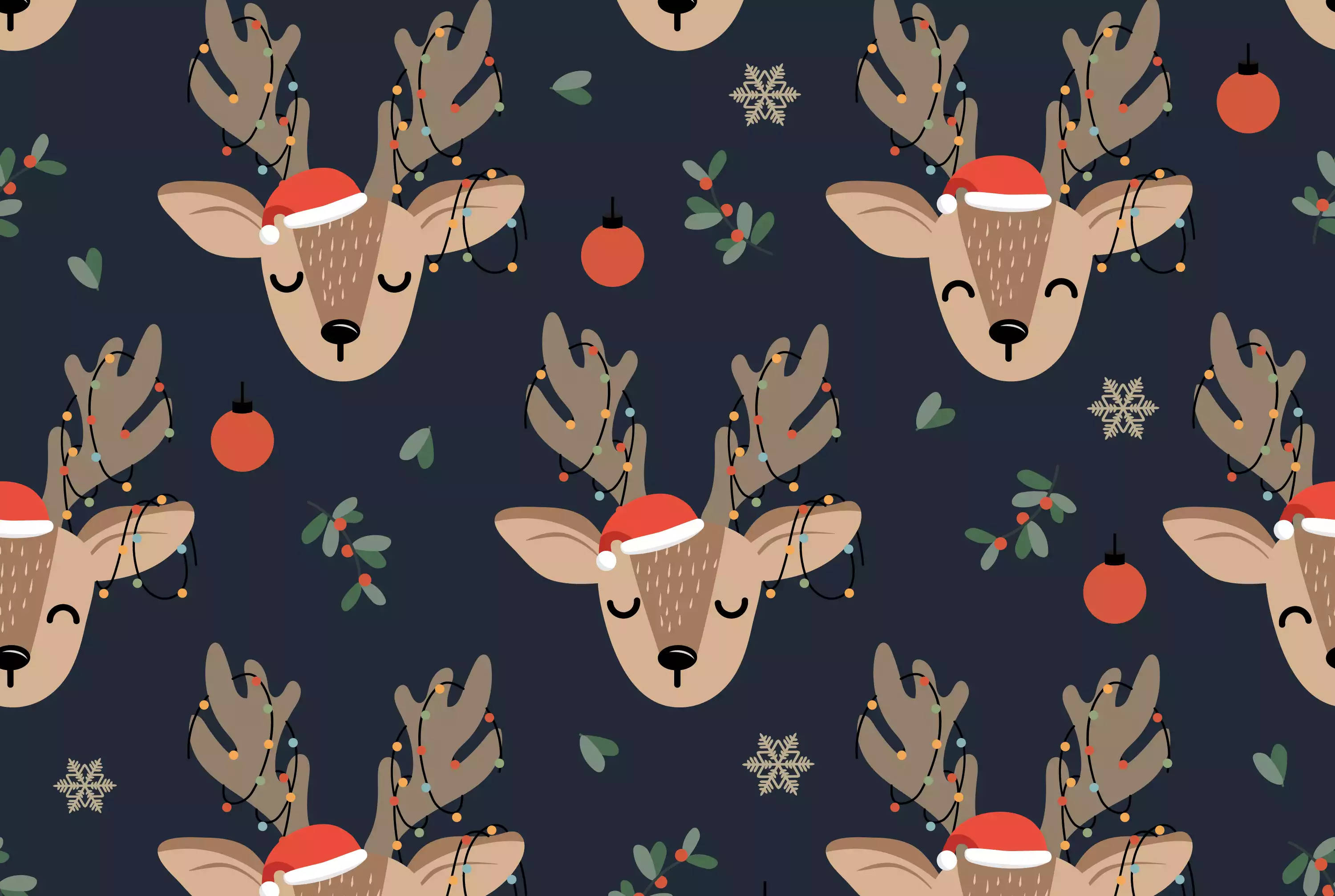 Mga Cute na Ulo ng Reindeer na May Ilaw ng Pasko Wallpaper