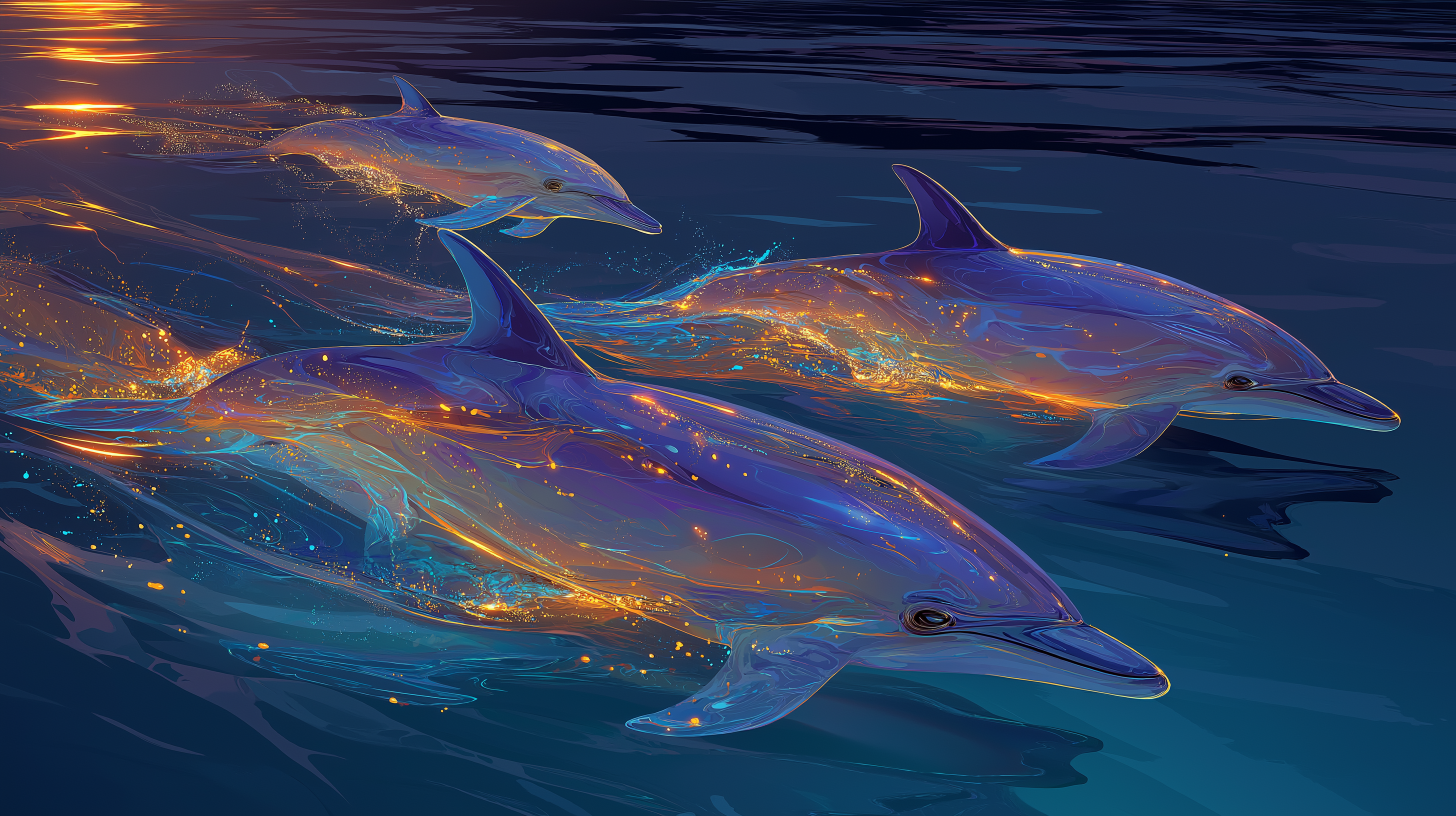 Mga Dolphin sa Bioluminescent na Tubig Wallpaper