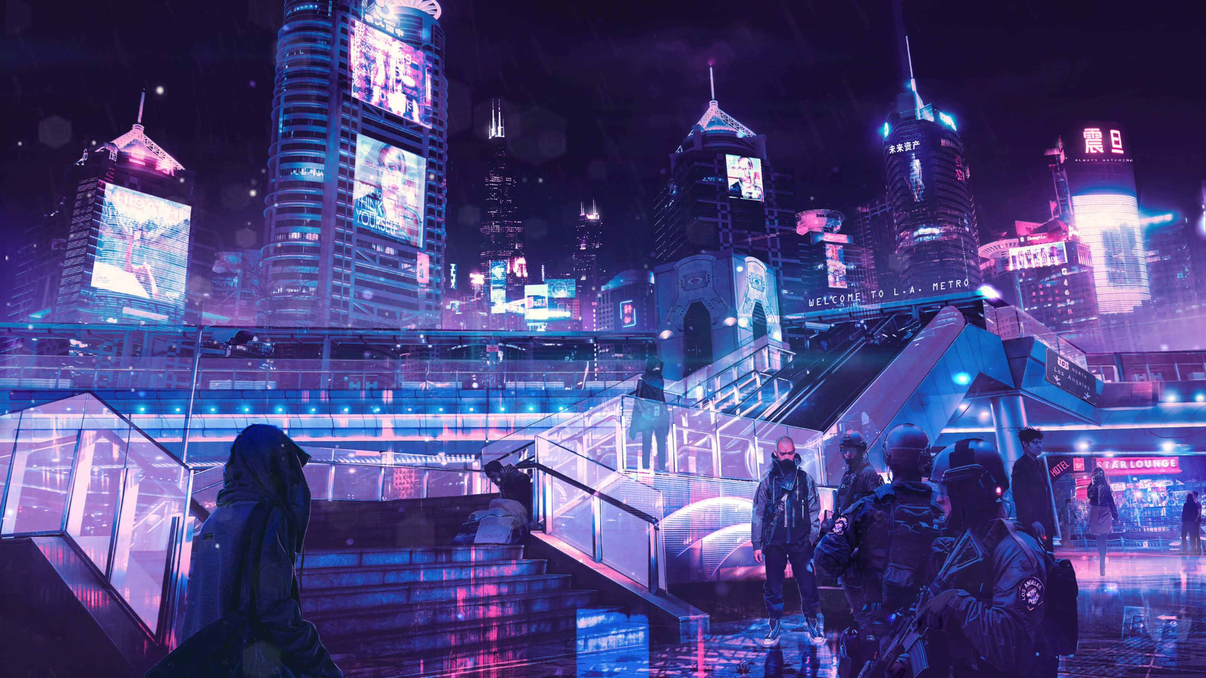 Mga Ilaw ng Neon City sa Gabi Wallpaper