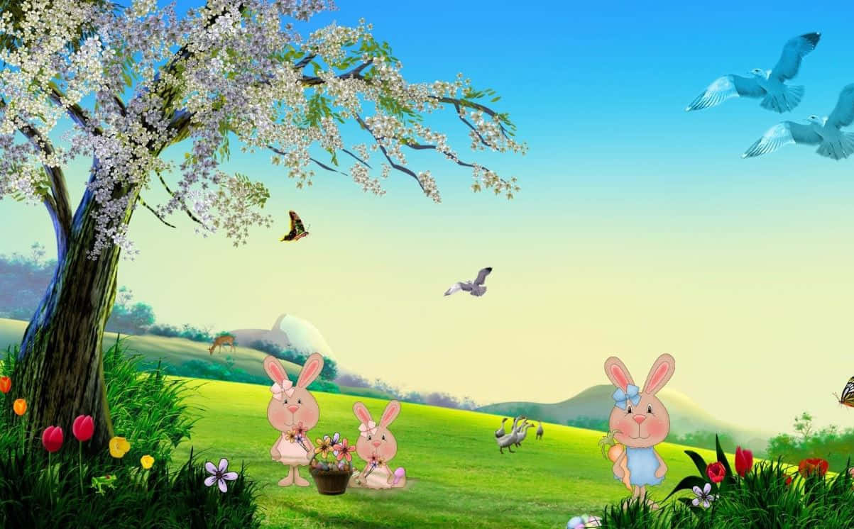 Mga Kaakit-akit na Easter Bunnies sa Springtime Meadow Wallpaper