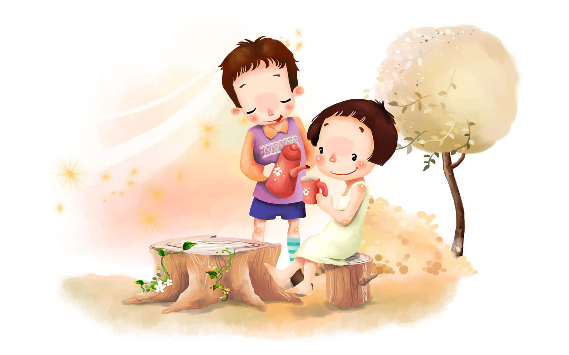 Mga Kaibig-ibig na Cartoon Hayop na Nag-e-enjoy sa Maaraw na Araw Wallpaper