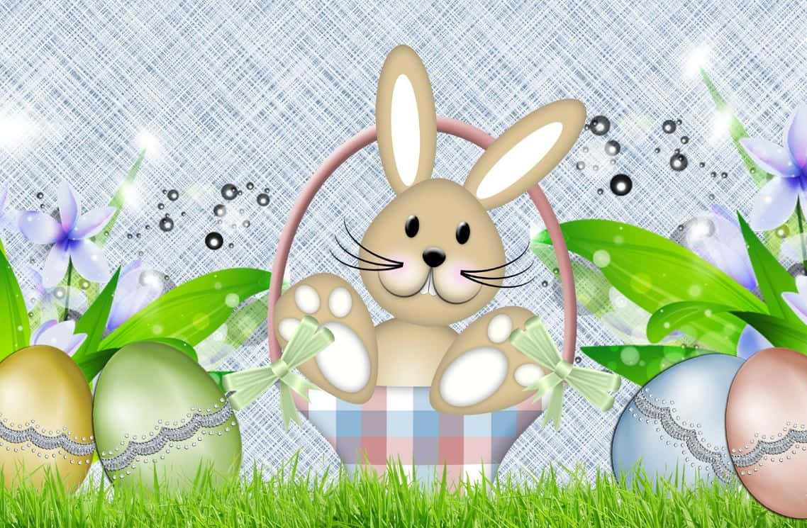 Mga Kaibig-ibig na Easter Bunny na May Makukulay na Itlog sa Isang Namumulaklak na Hardin Wallpaper