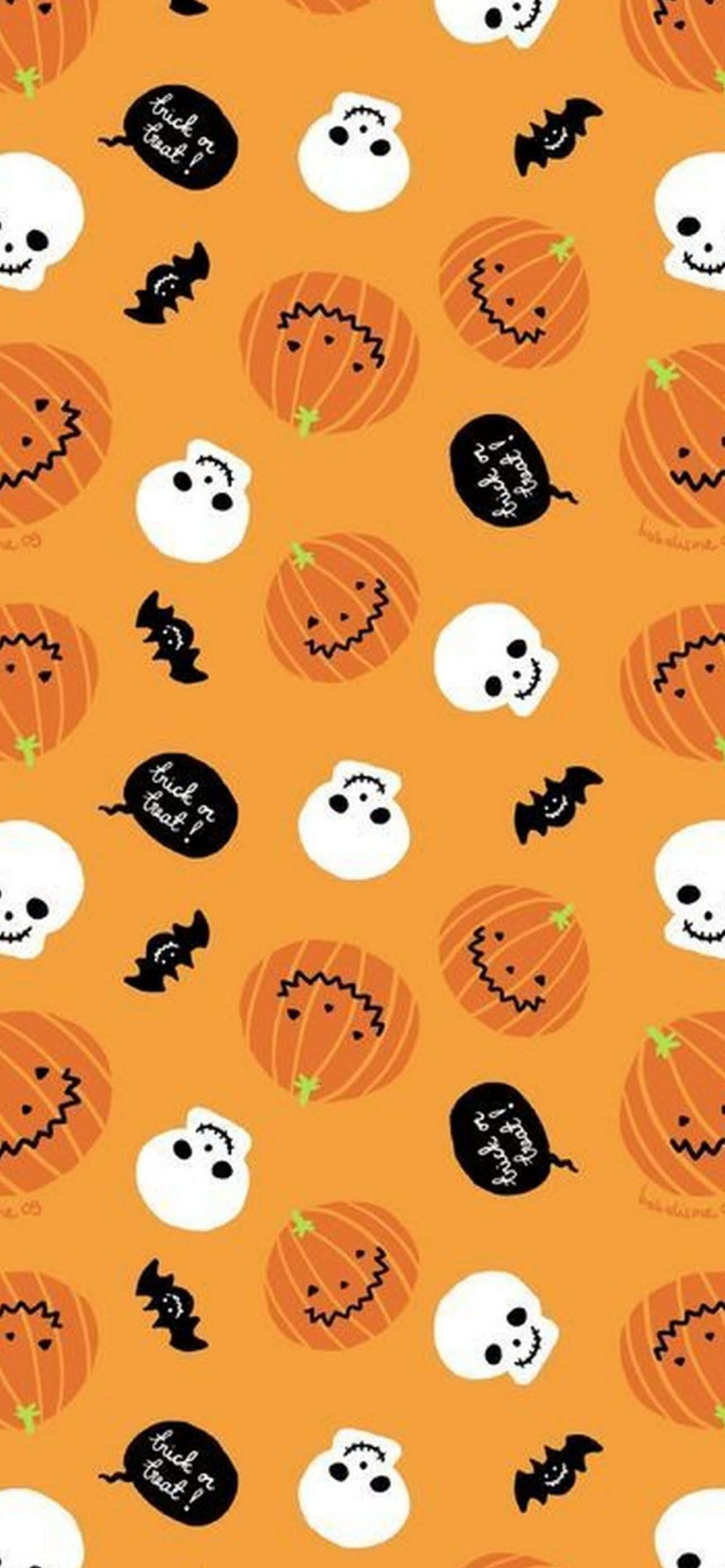 mga kalabasa at bungo ng halloween sa isang kulay kahel na background Wallpaper