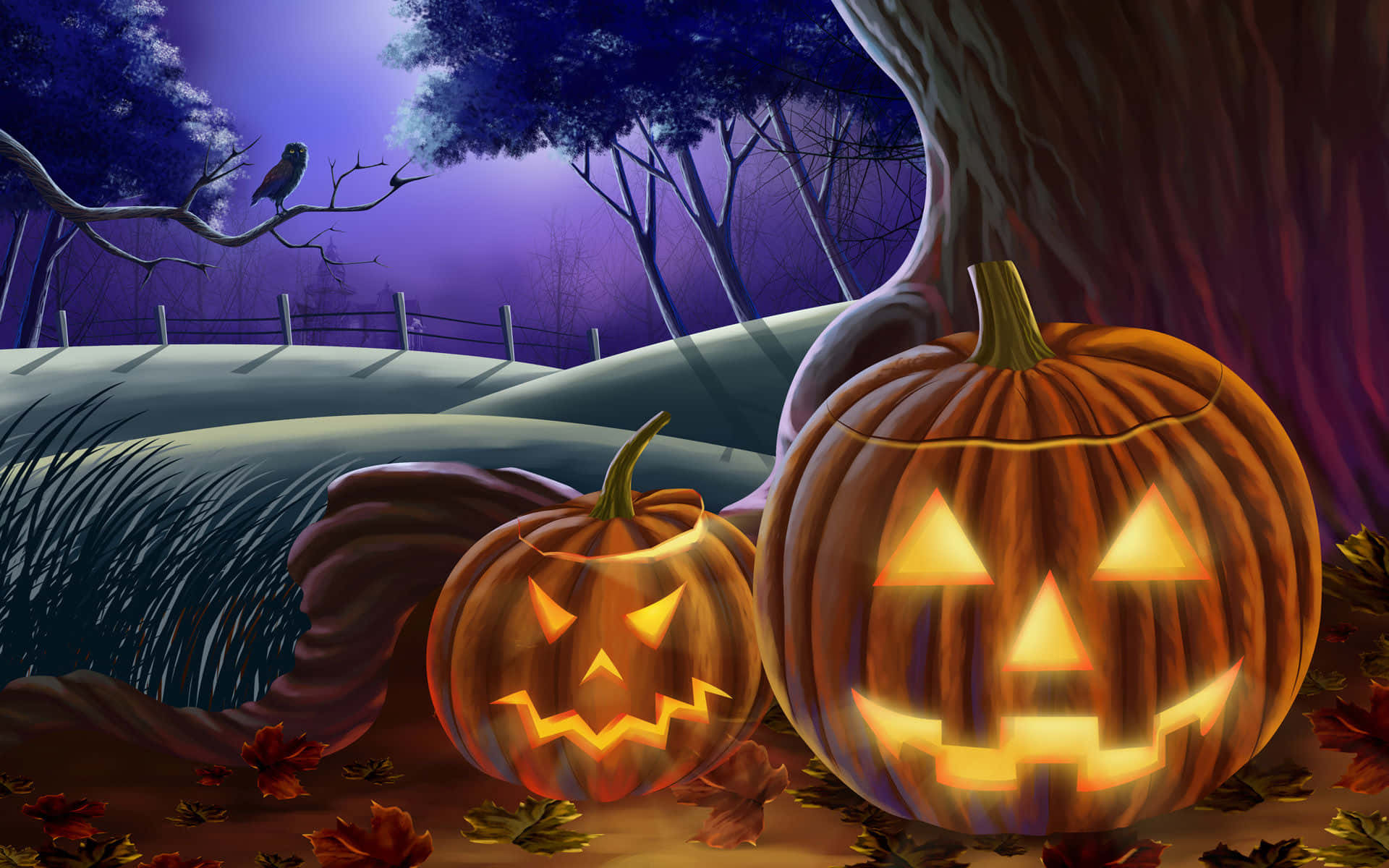 Mga Kalabasa ng Halloween na Background na Balat ng Puno Wallpaper