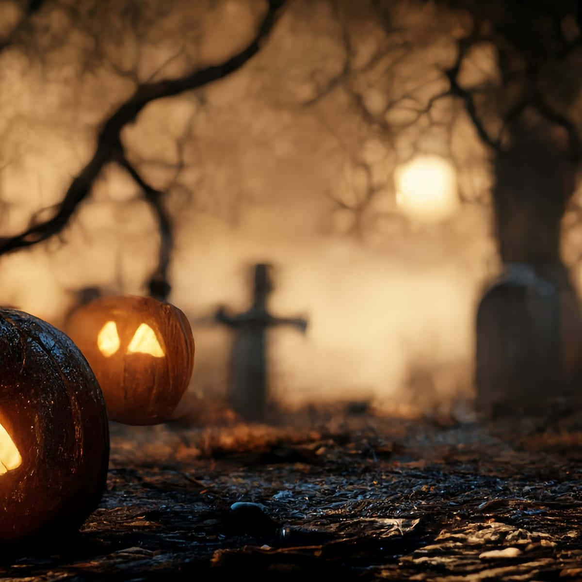 Mga Kalabasa sa Halloween na Background na Sementeryo sa Langit Wallpaper