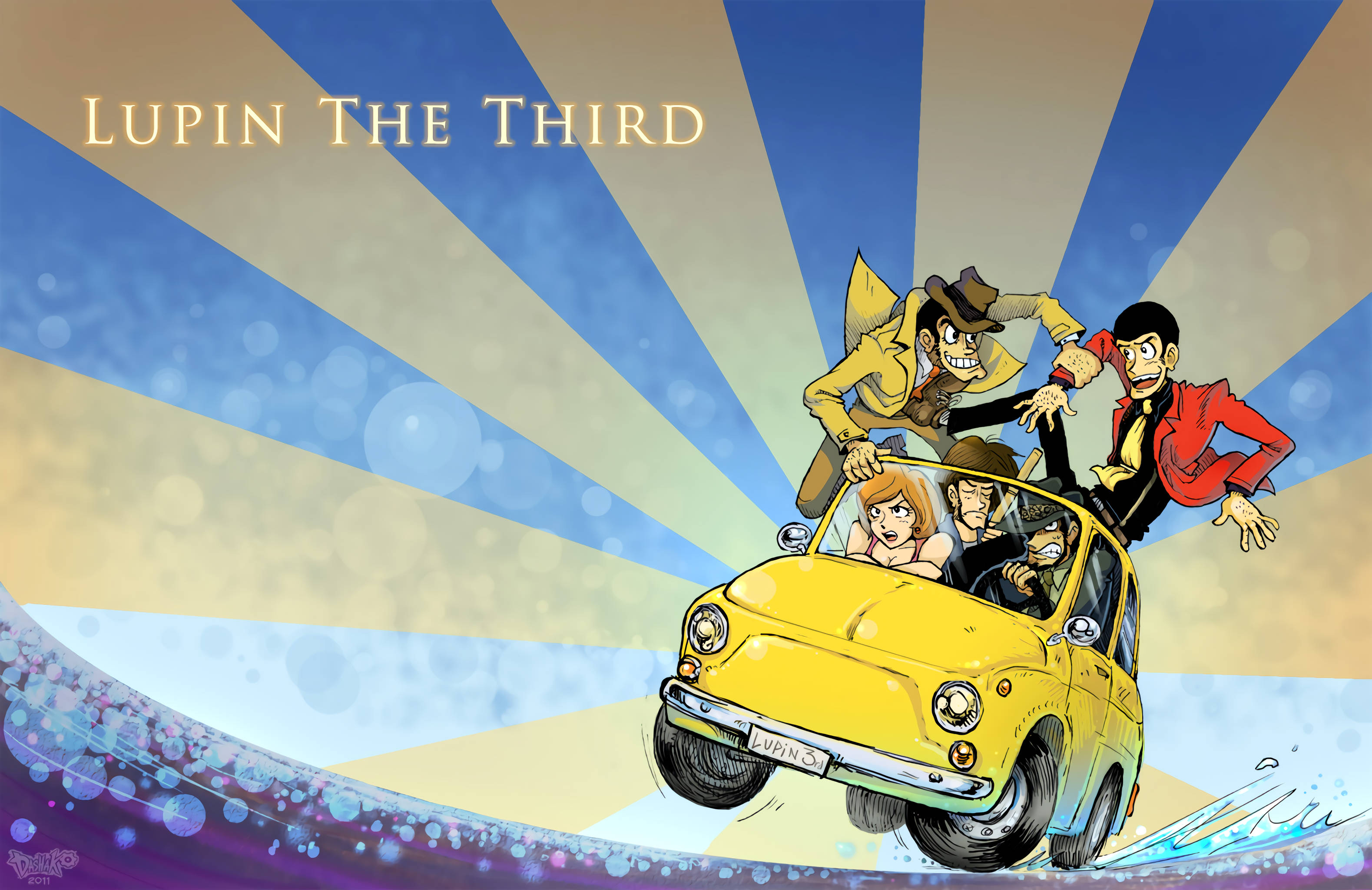 Mga Karakter ng Lupin na Nakasakay sa Isang Anime na Kotse Wallpaper