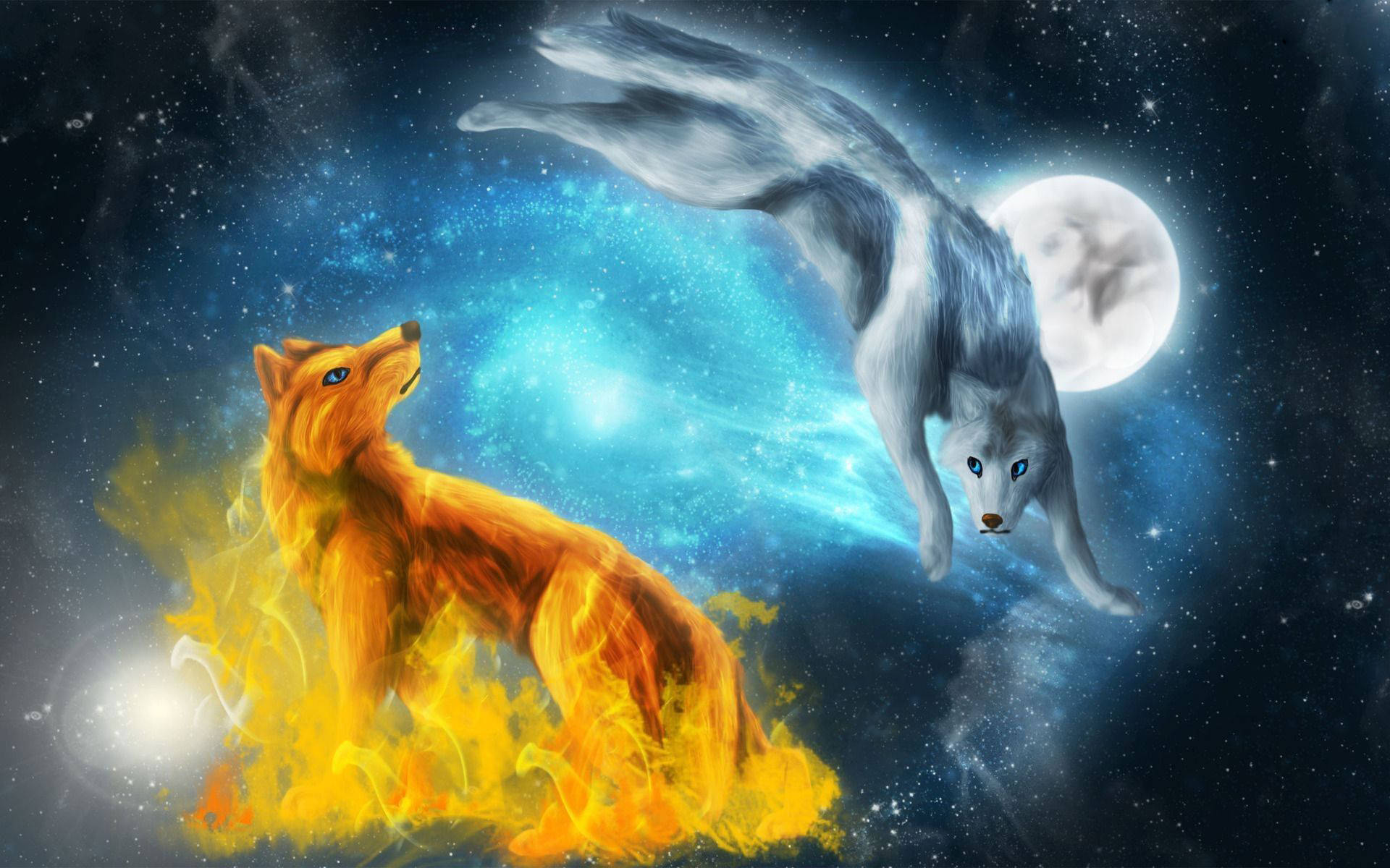 Mga Lobo ng Kalawakan ng Apoy at Tubig Wallpaper