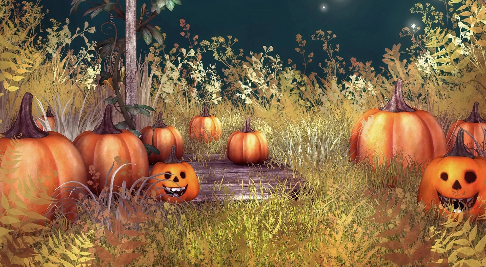 Mga Lumang Kalabasa Para sa Halloween sa Damuhan Wallpaper