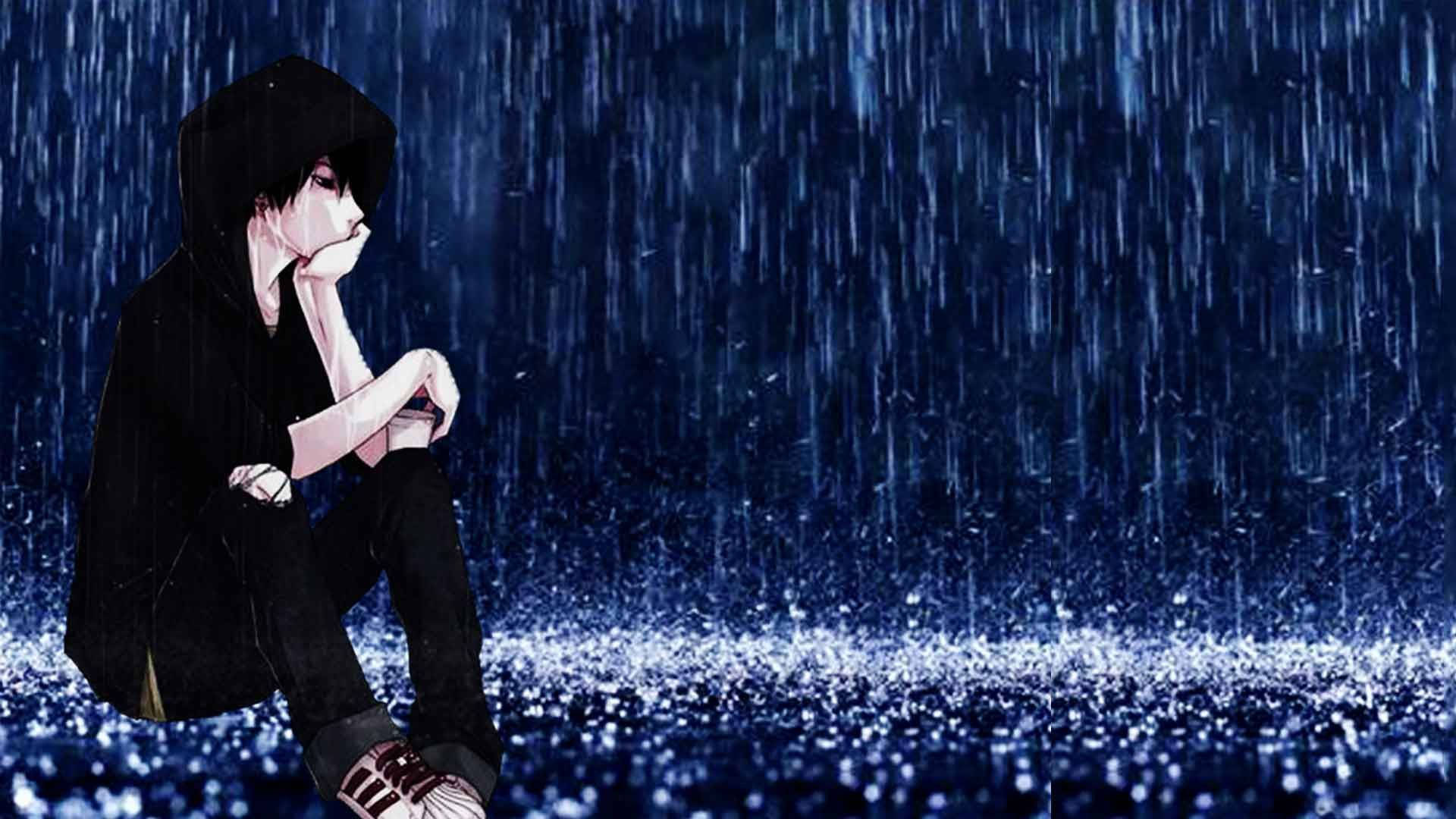 Mga Malungkot na Anime na Lalaki sa Ulan Wallpaper