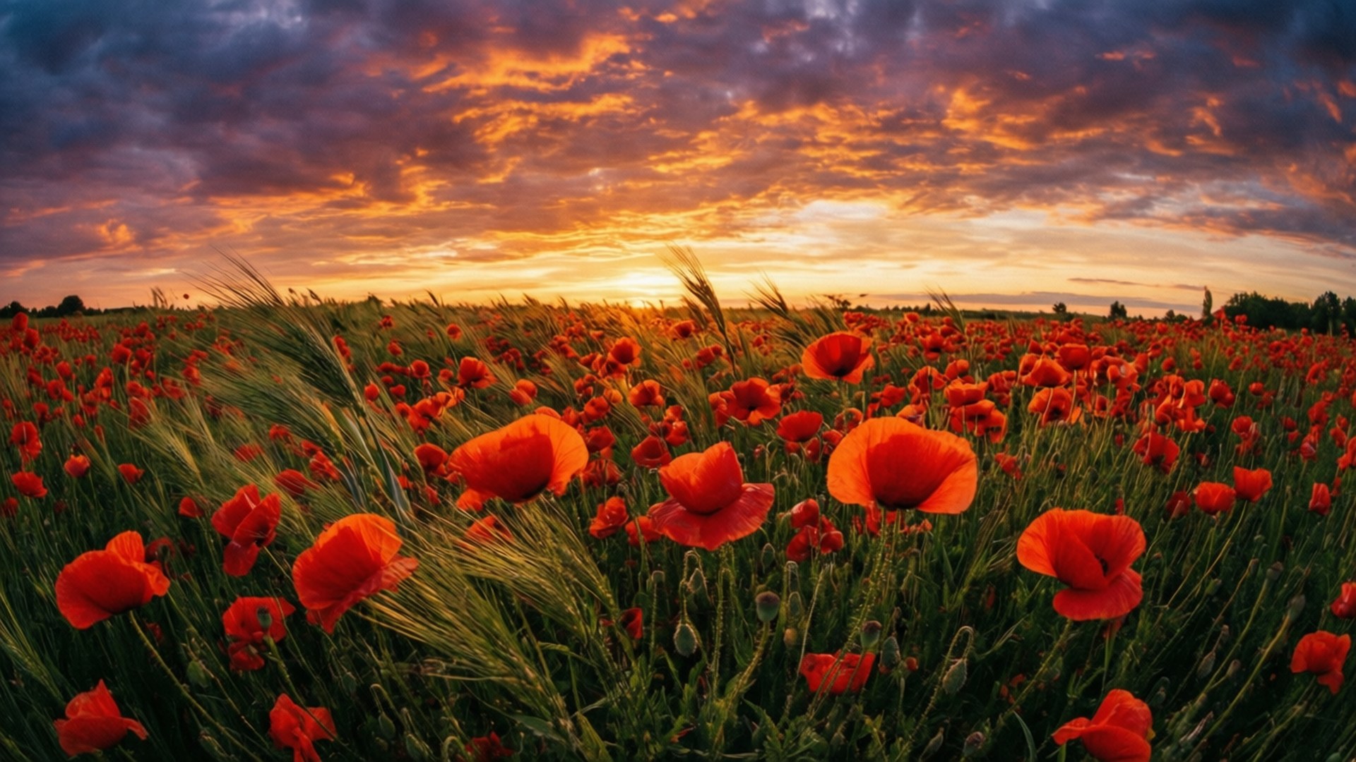 Mga Poppies sa Paglubog-lubog ng Araw Wallpaper