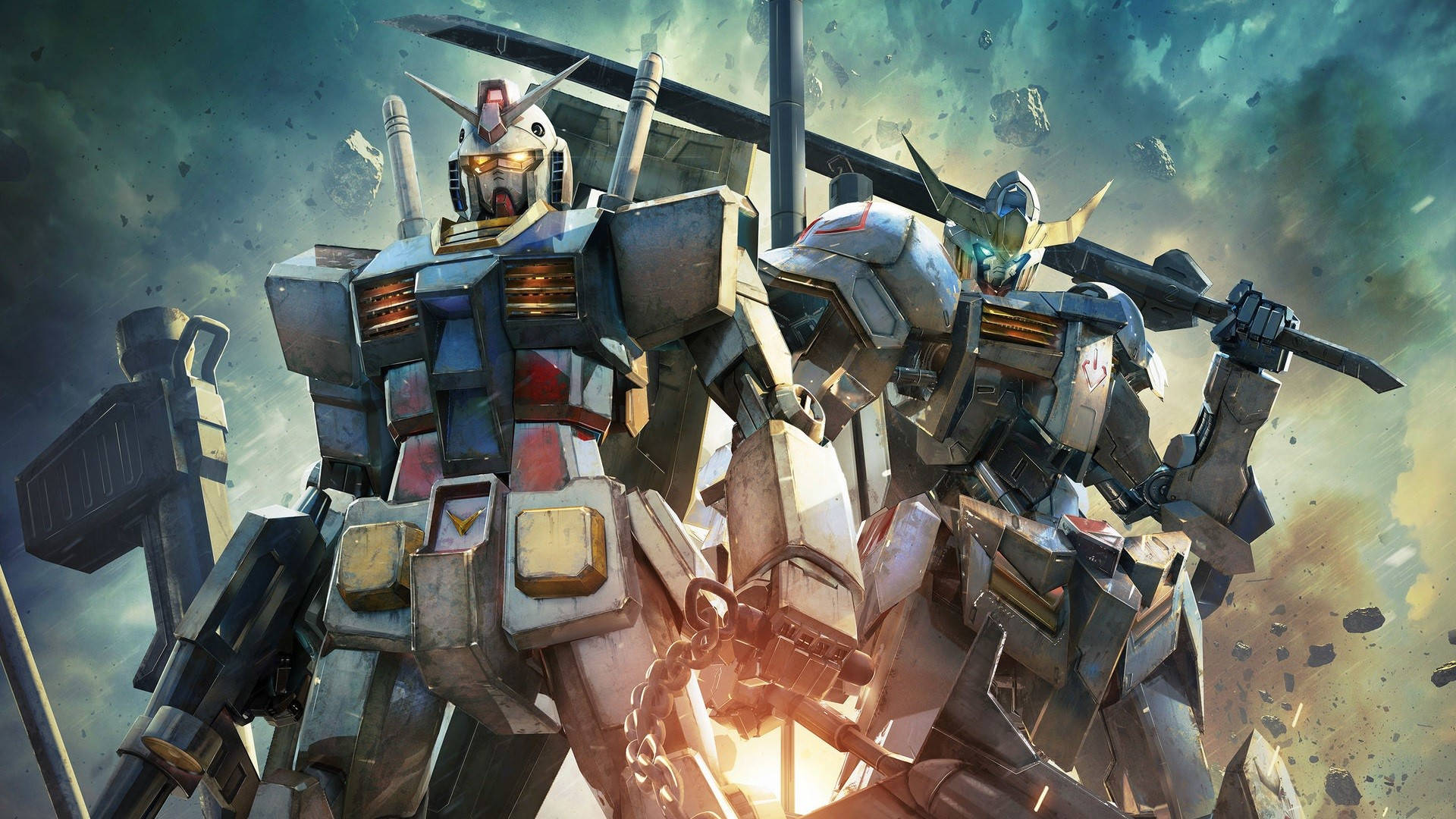 Mga robot na Gundam na may hawak na kanilang mga sandata Wallpaper