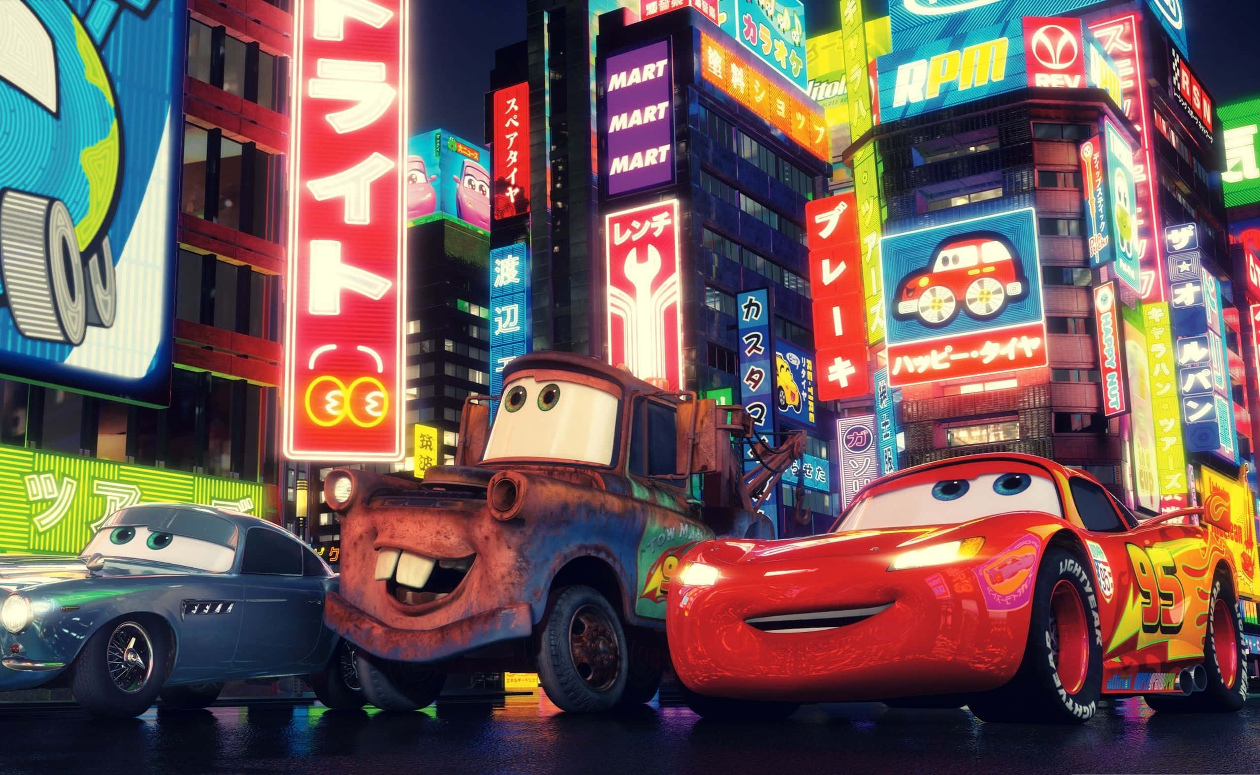 mga sasakyan sa isang lungsod na may mga neon lights Wallpaper
