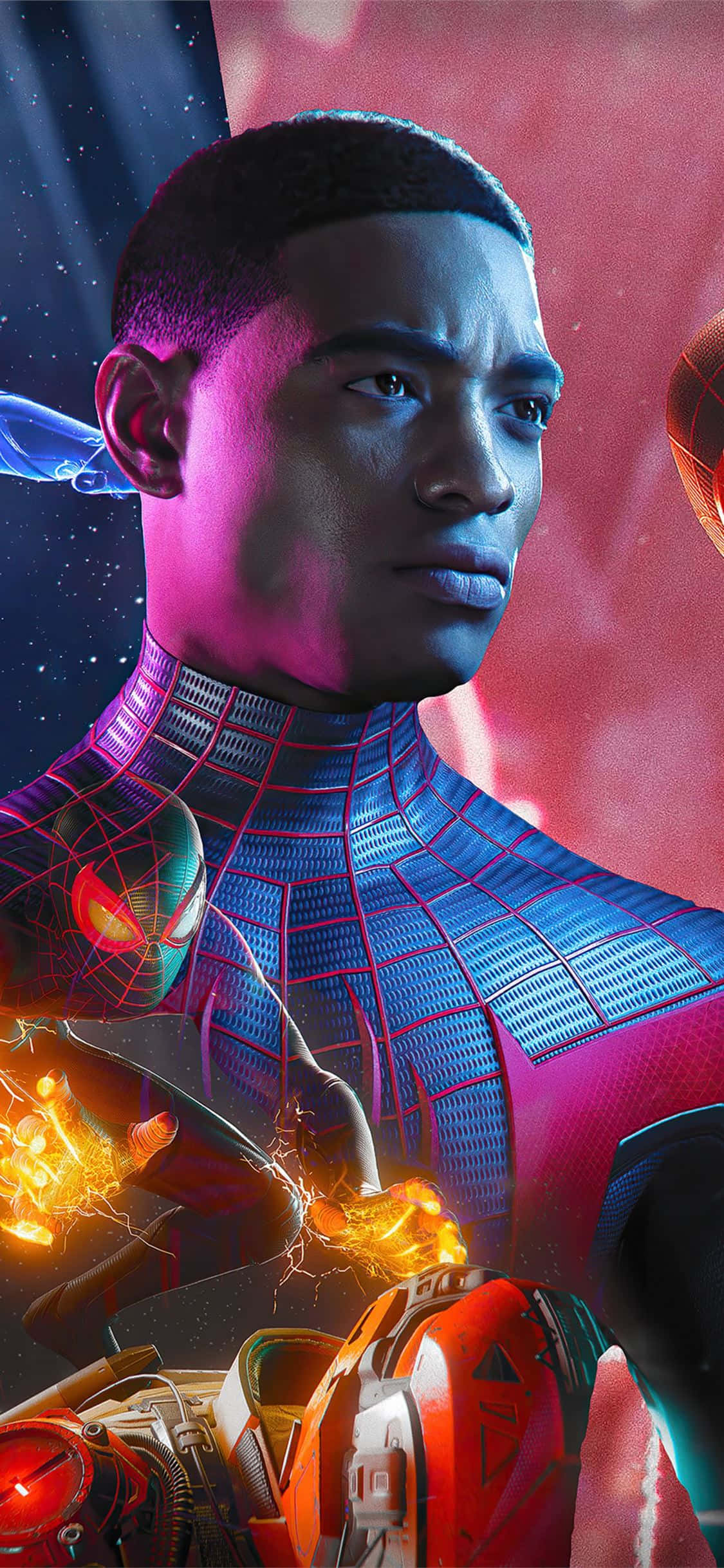 Miles Morales mula sa kinikilalang Marvel's Spider-Man: Into the Spider-Verse na napapaligiran ng mga spark ng kuryente laban sa isang city backdrop Wallpaper