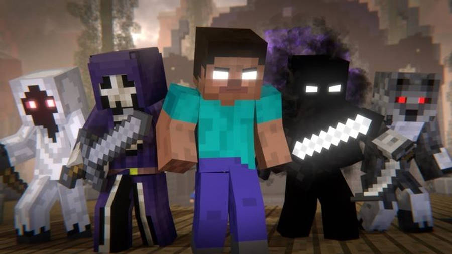 Minecraft Herobrine Kasama ang mga Halimaw at Entity Wallpaper
