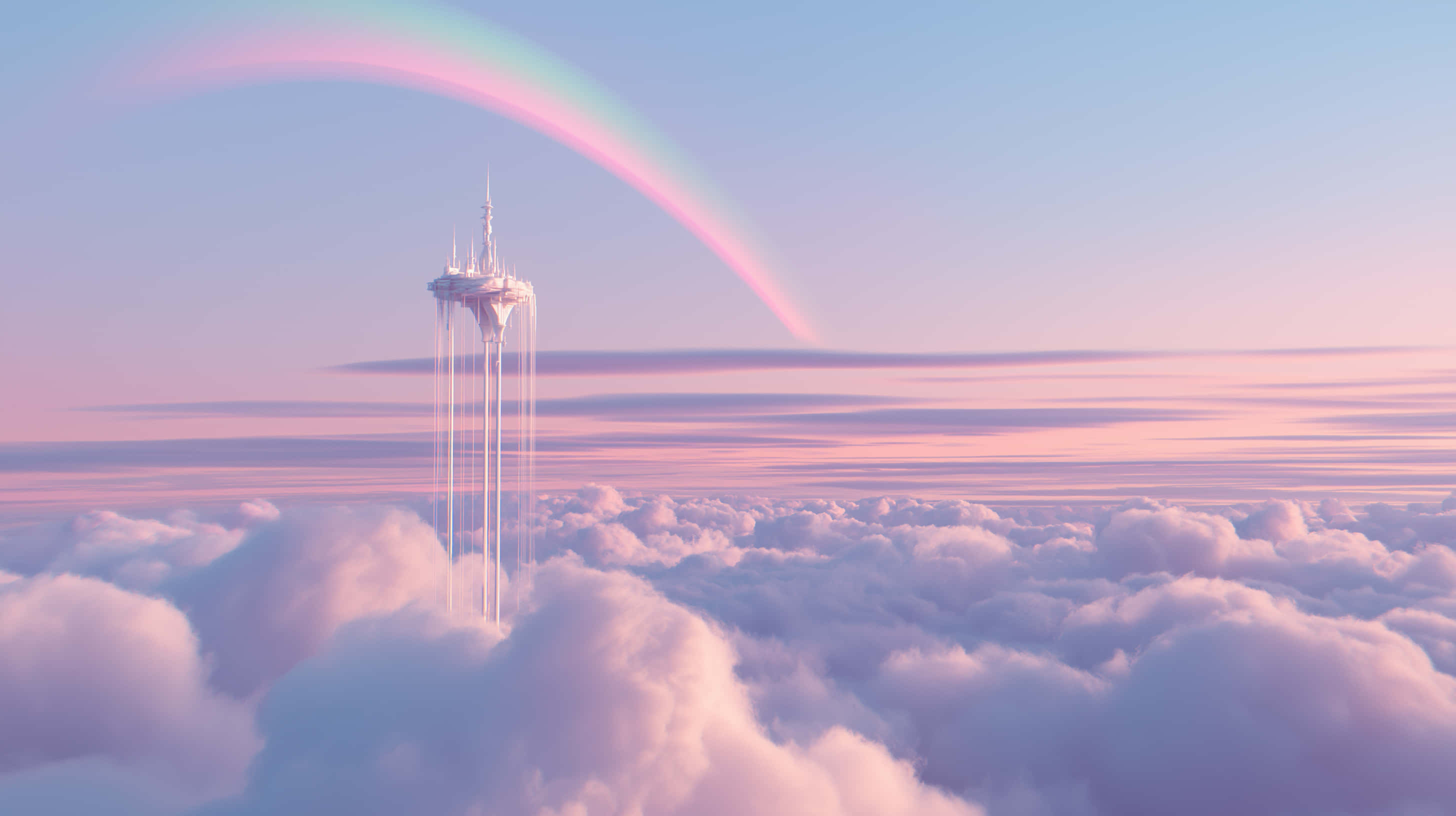 Minimalistang Sky Tower sa Itaas ng Ulap na may Banayad na Bahaghari Wallpaper