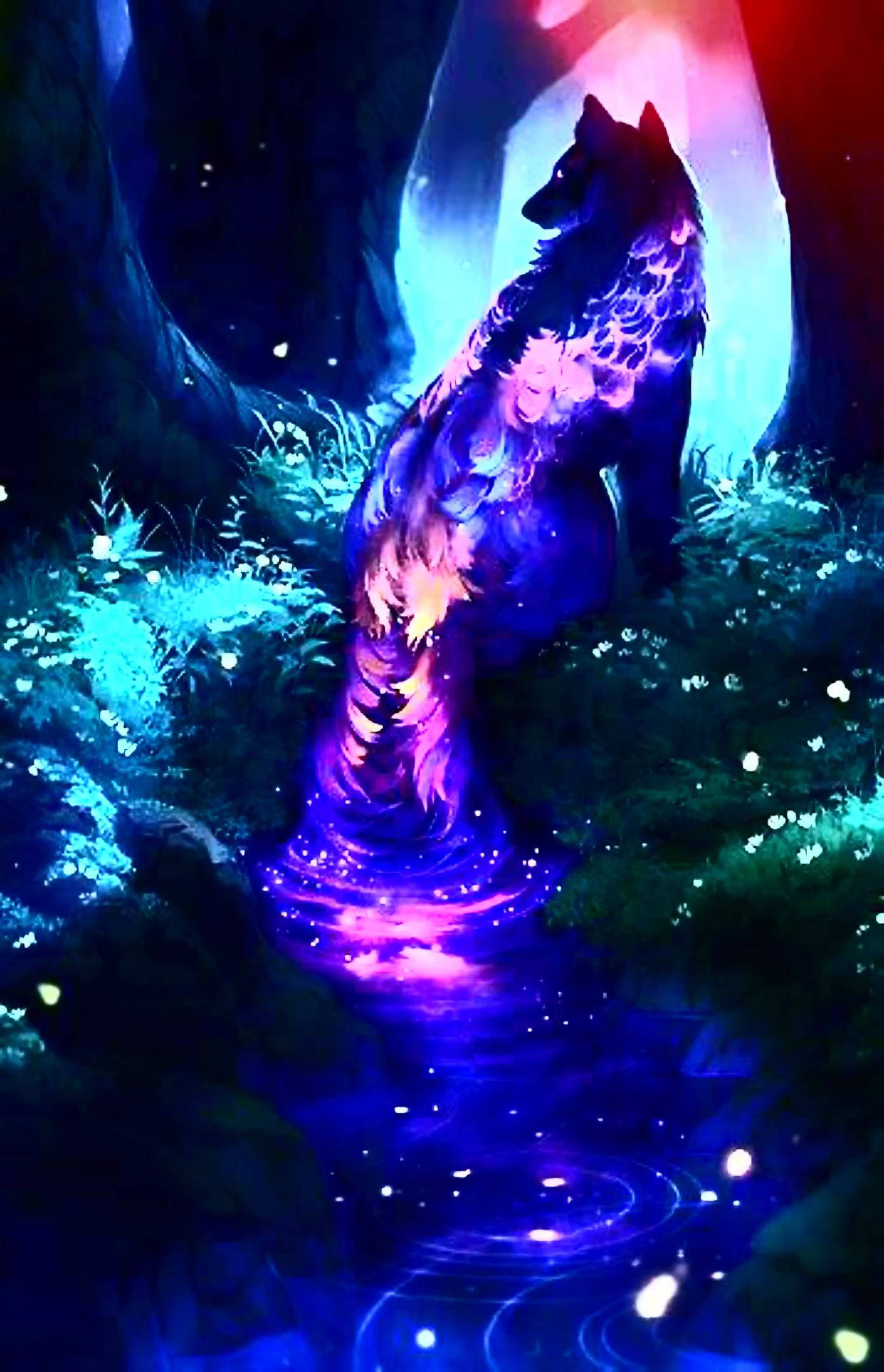 Mistikong Galaxy na Lobo sa Kagubatan Wallpaper