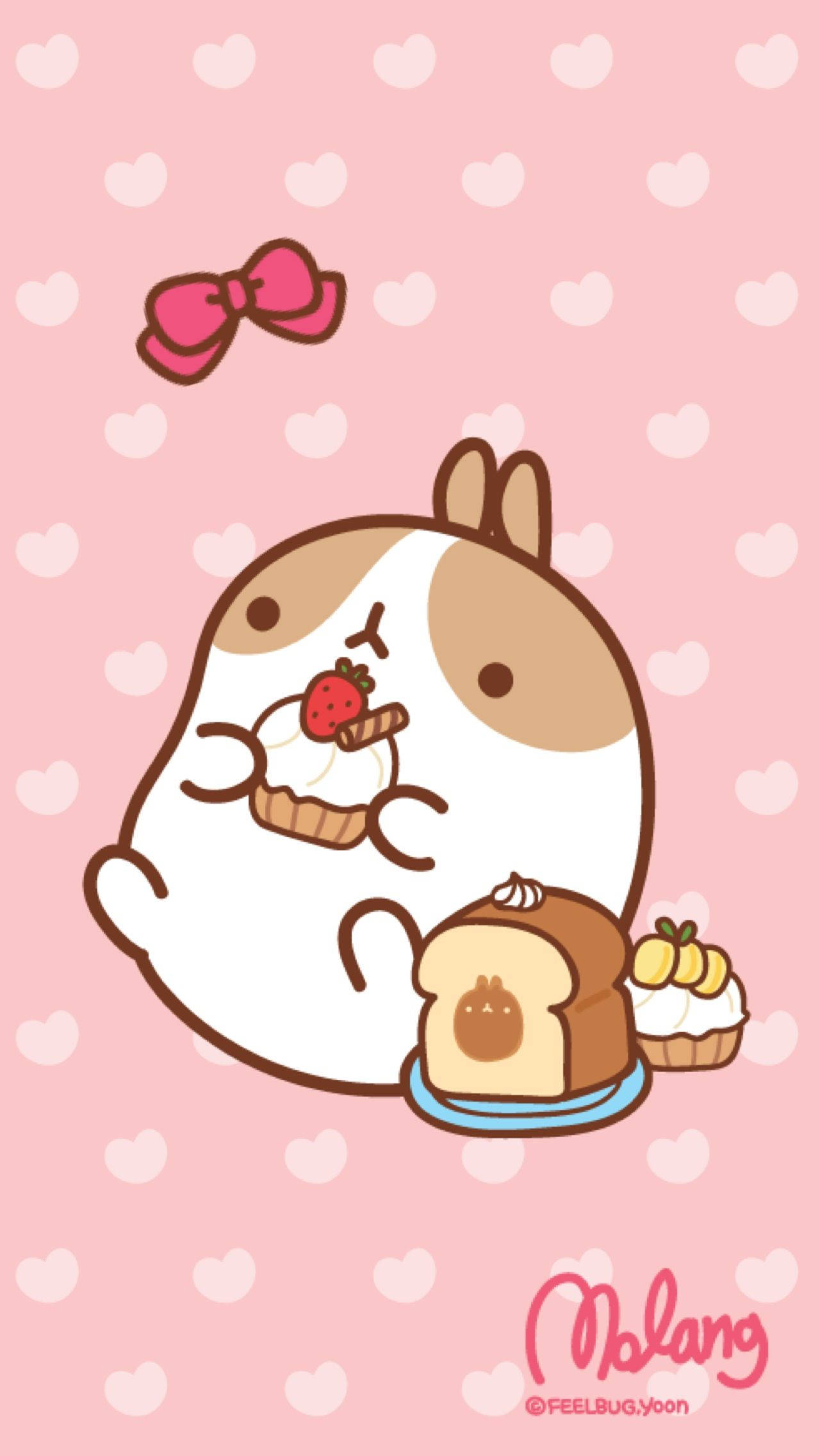 Molang Kumakain Sa Kawaii Pink Polka Dots Wallpaper