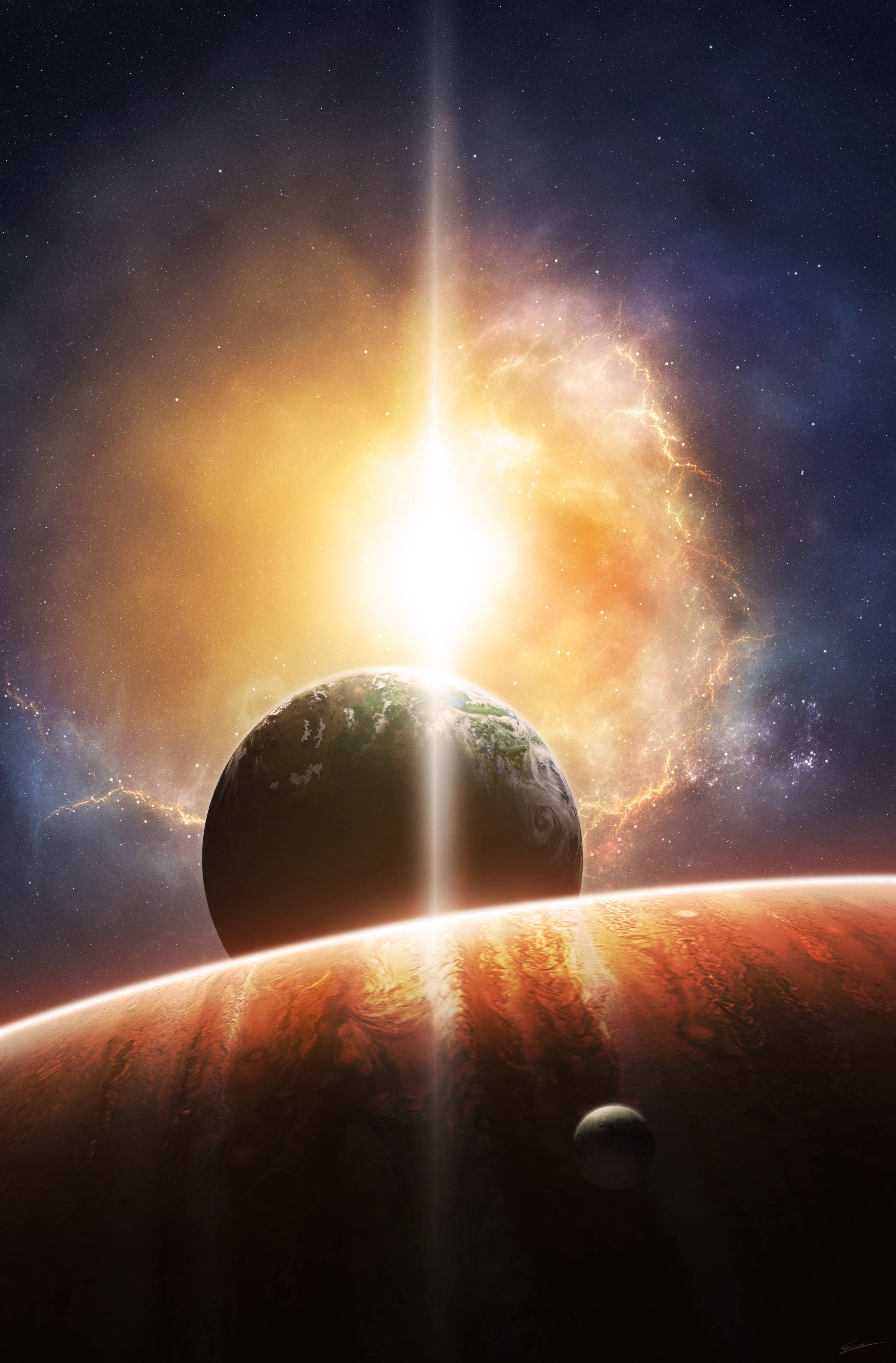 Nag-aalign na mga Planeta at Sun Flares Wallpaper