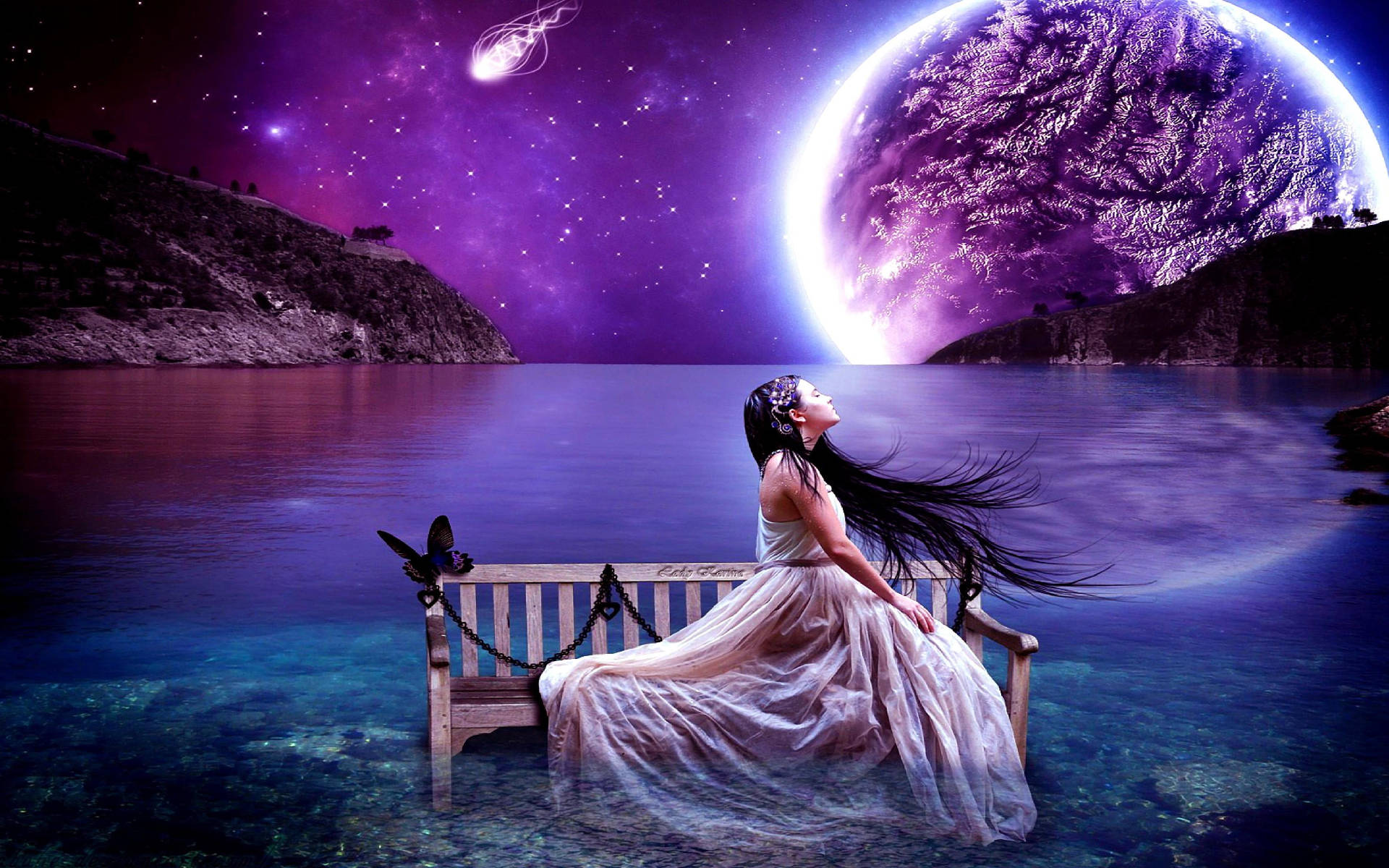 Nag-iisang Babae at Galaxy Moon Wallpaper