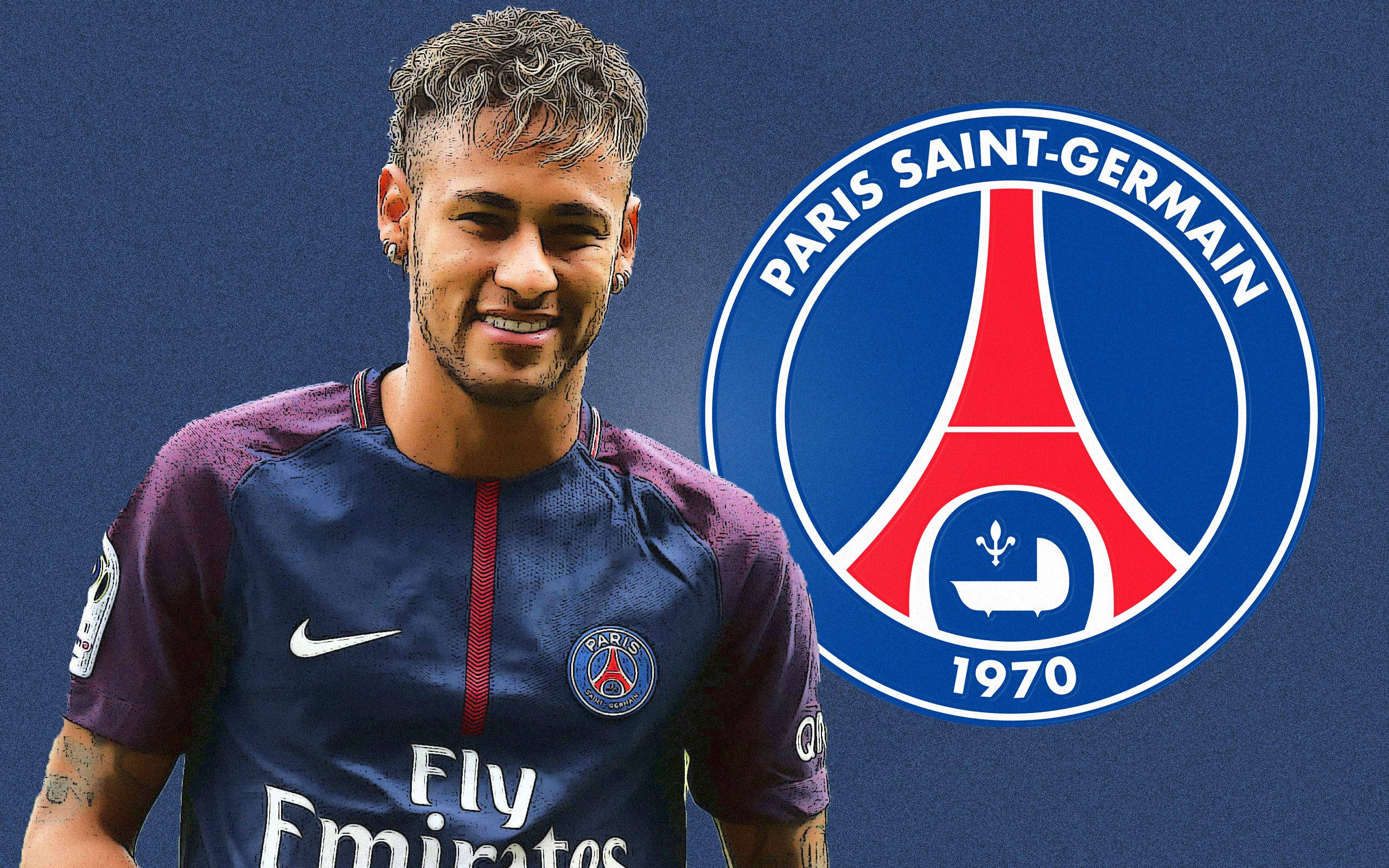 Nagdiriwang si Neymar kasama ang logo ng Paris Saint-Germain. Wallpaper