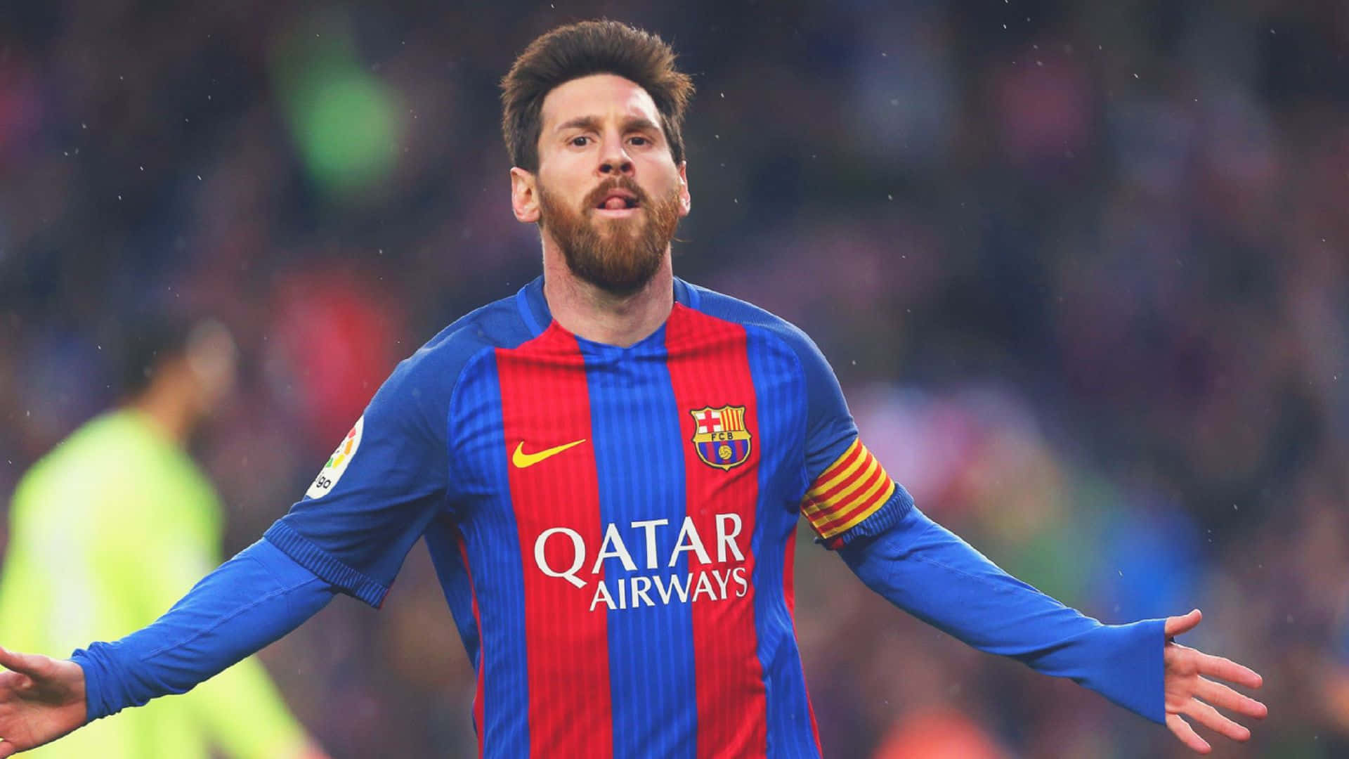 nagdiwang si lionel messi sa kanyang goal sa isang laro Wallpaper