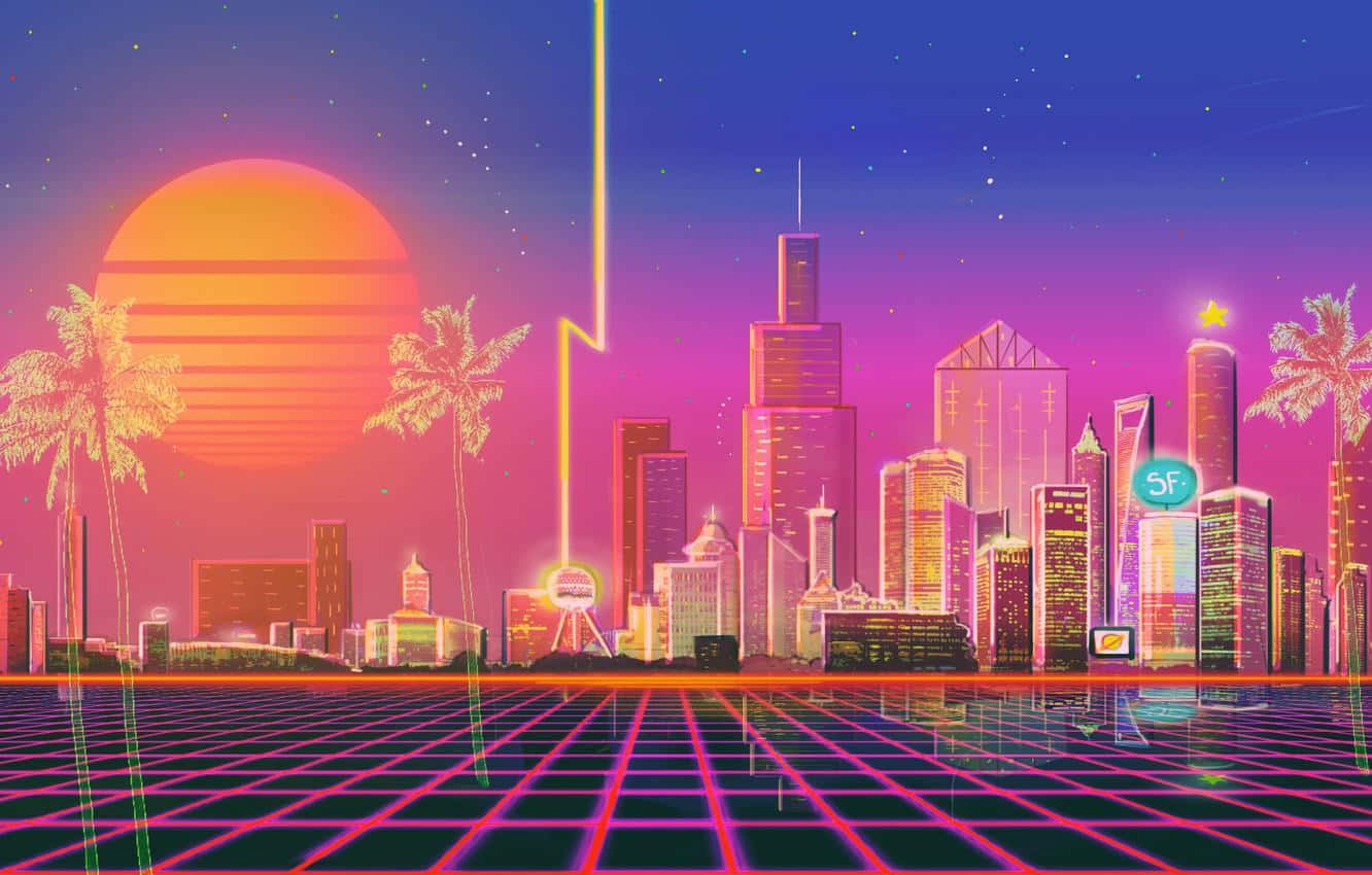 Nagniningning ang mga ilaw ng Neon City sa kalangitan ng gabi. Wallpaper