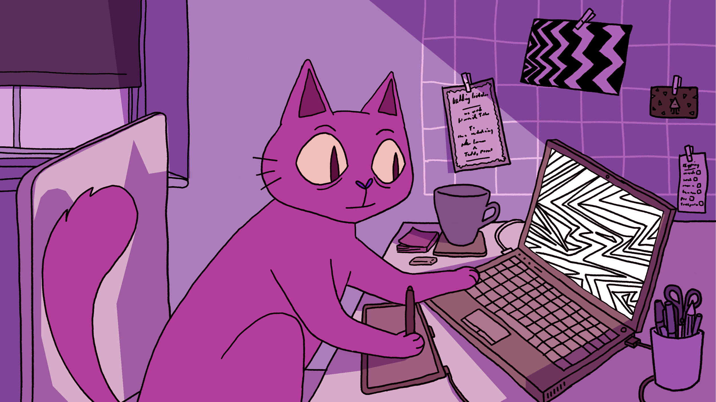 Nagtatrabahong Purple na Pusa sa Computer Wallpaper