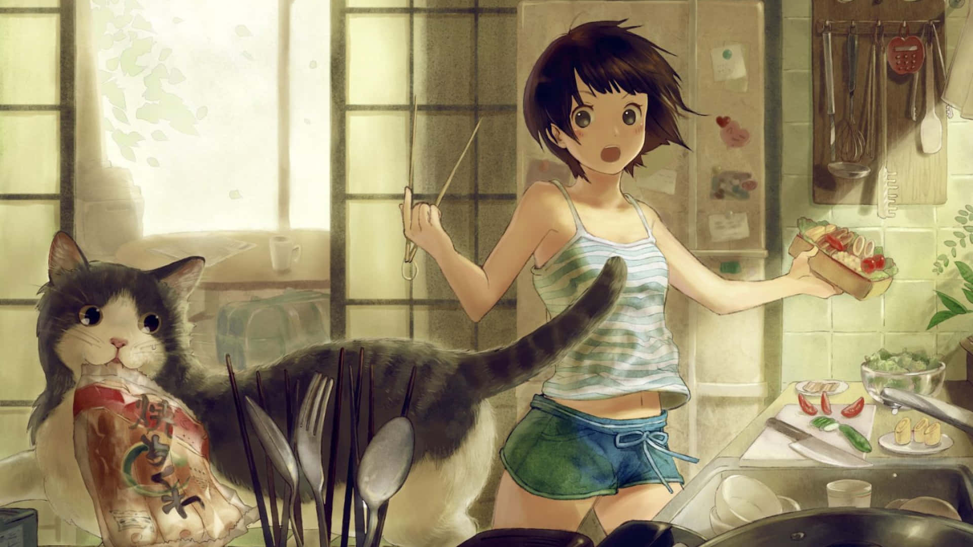 Nagulat na Anime Girl 1920x1080 Background sa Kusina Wallpaper