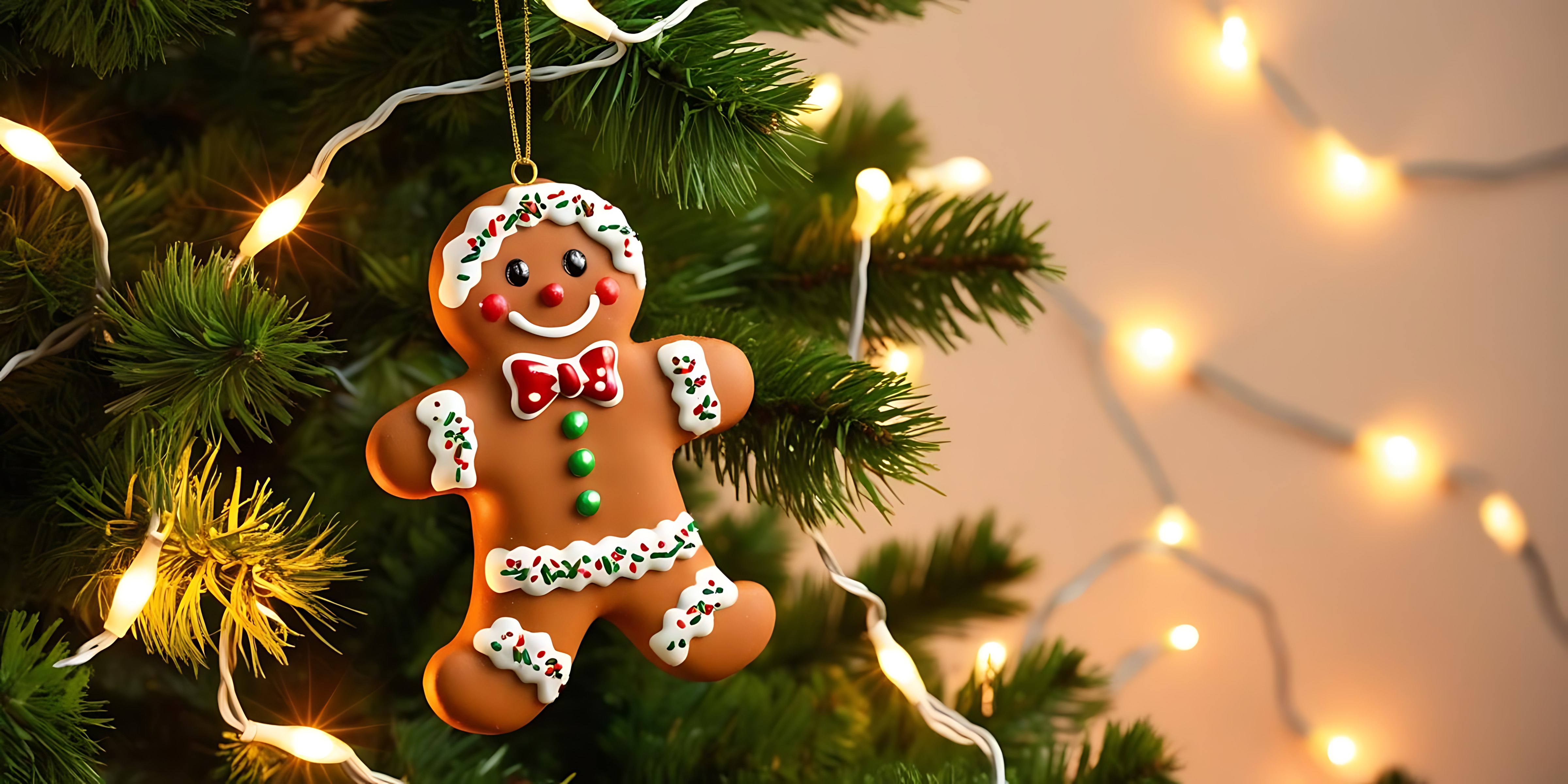 Nakabitin na gingerbread man sa mga ilaw Wallpaper