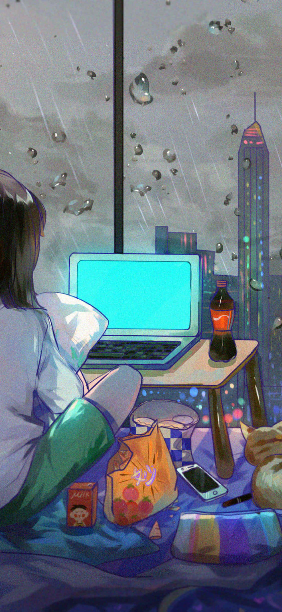Nakakaakit na Anime Room na may Malawak na Tanawin ng Lungsod Wallpaper