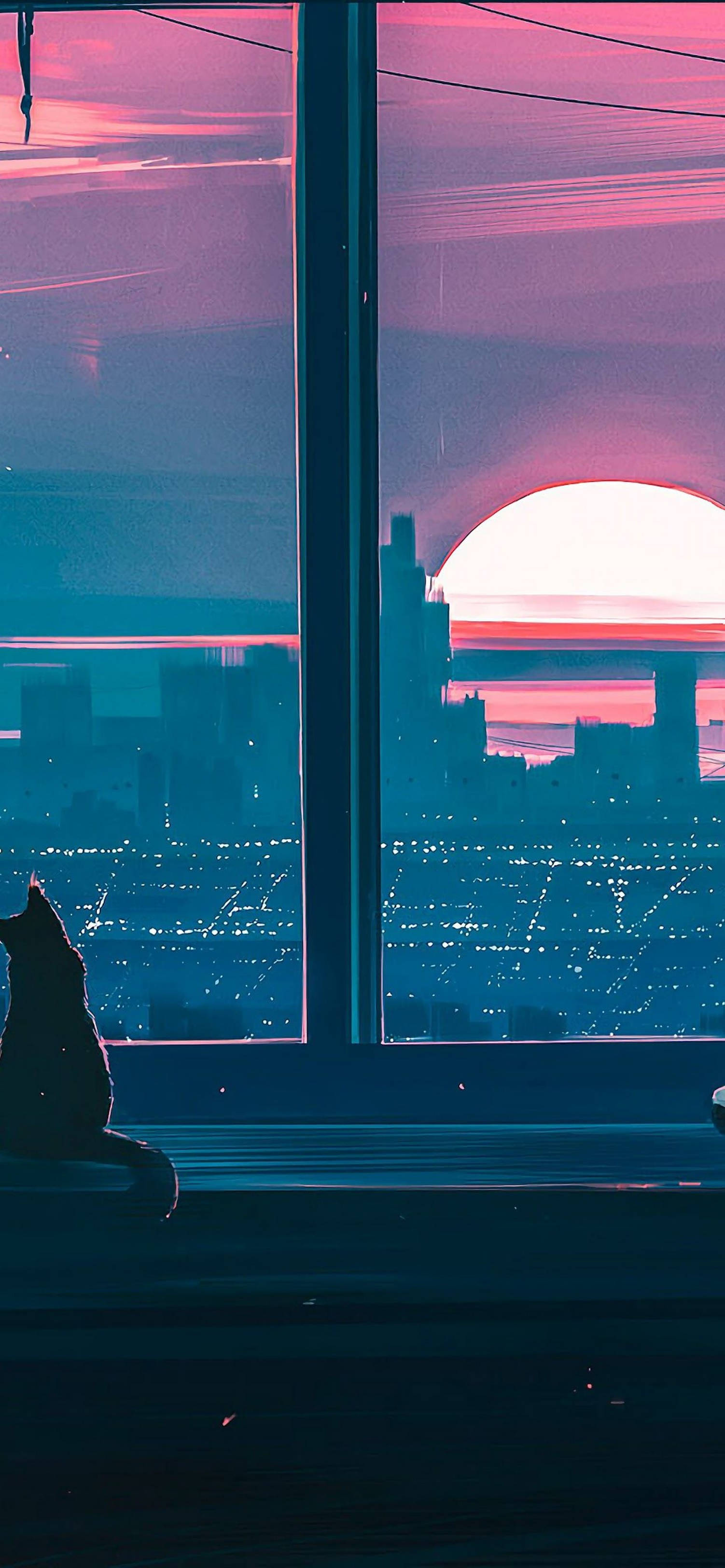 Nakakaakit na Anime Sunset Aesthetics para sa iPhone - Isang Pusa sa Tabi ng Bintana Wallpaper