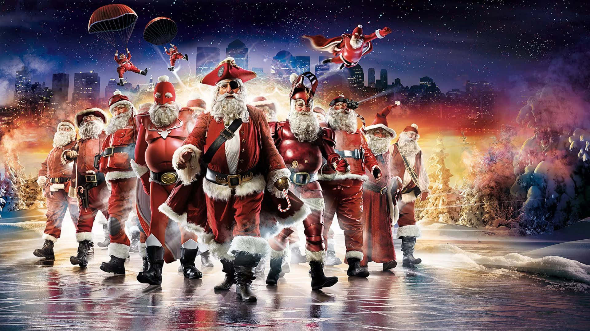 Nakakatawang si Santa Claus na nakasakay sa isang reindeer sa maniyebe na araw Wallpaper